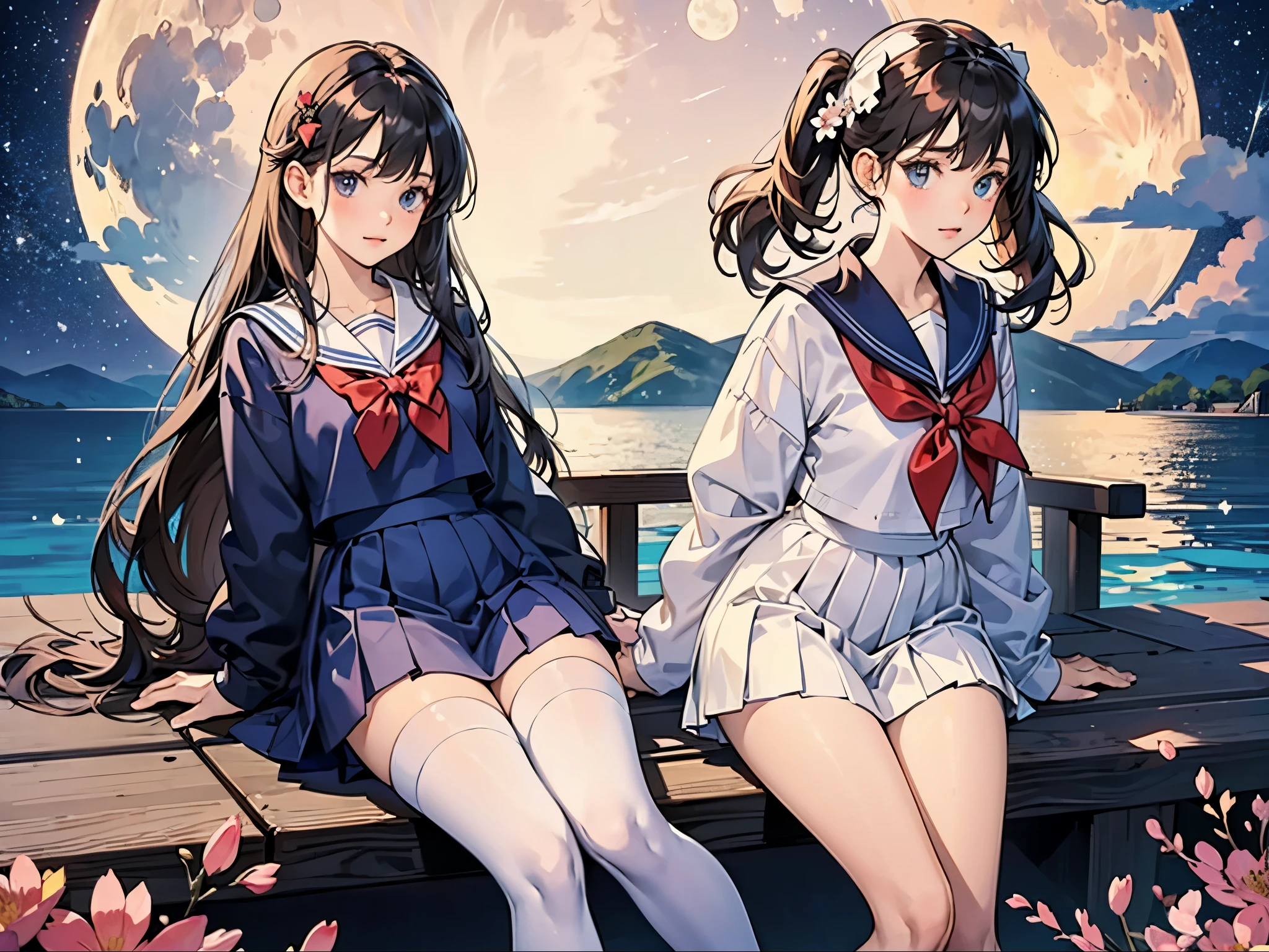 A lively, cute and pure girl wears a bow on her head，In sailor suit（Modern style） white stockings（White in red）Perfect body proportions, the moon is shy and the flowers are sitting in the sky。sea of stars。
