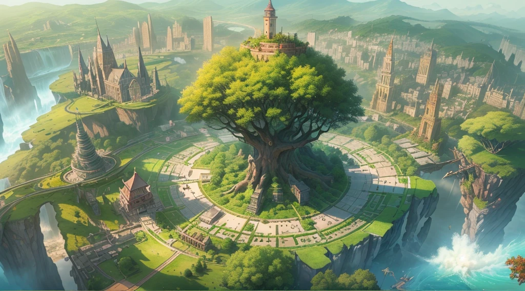 (Fantasy),The farthest aerial view, an island in the sea, There is a huge tree on the island that is as huge as the world, This is the base of natural magicians, It is a fantasy-style magic city, The giant tree is surrounded by the buildings of the Magic Academy and the village。the Sun Shining，A unbroken city-state，Magnificent magic circle,garden,((In the distance there is a very majestic tower surrounded by plants.))