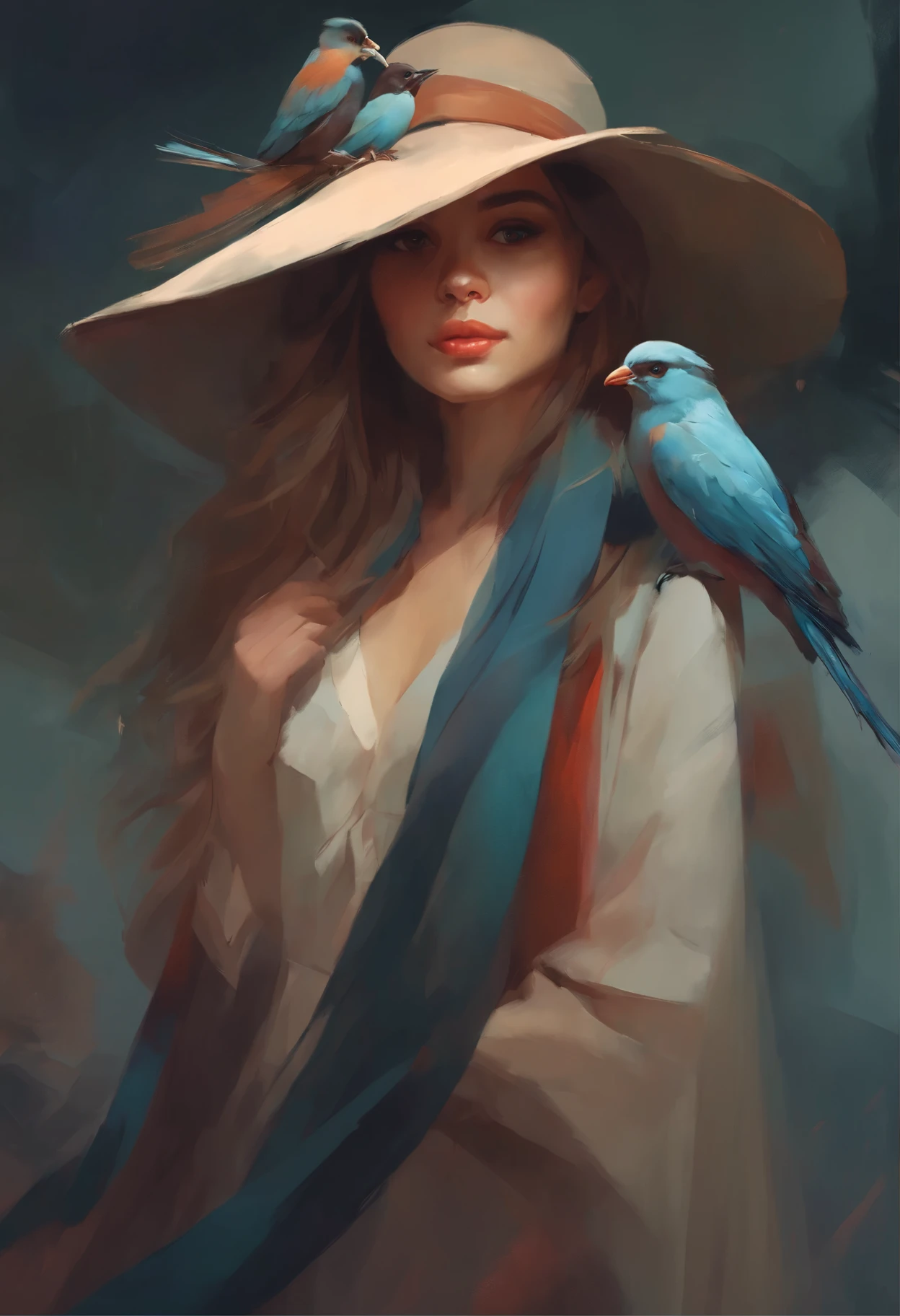 picture of a girl in a hat and scarf with a bird on her shoulder, artwork in the style of guweiz, beautiful character painting, guweiz, beautiful illustration,   ross tran 8 k