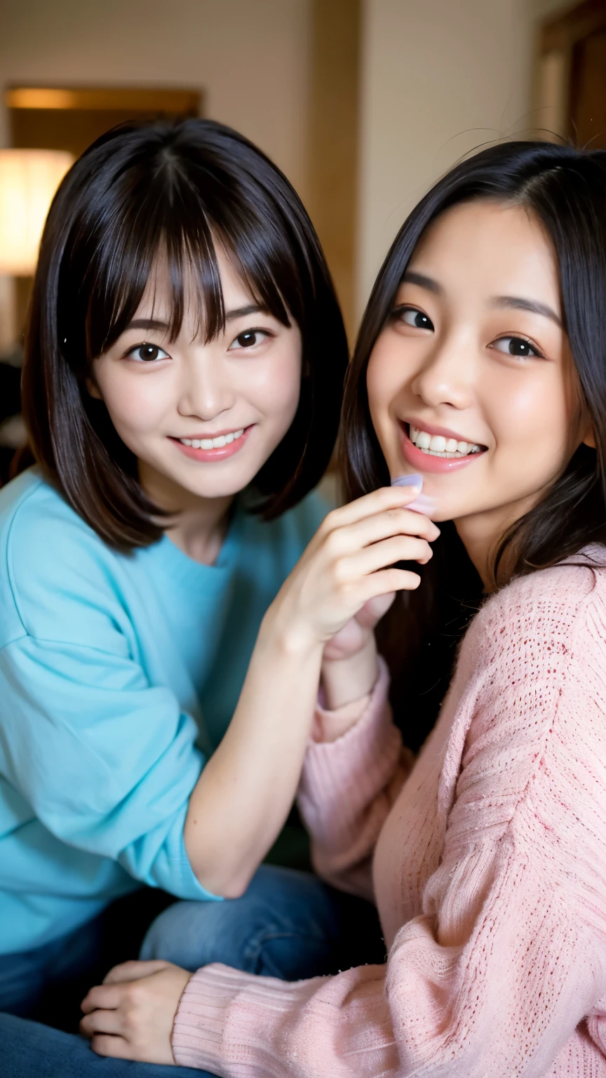 (face focus:1.4),japanese idols,beautiful face,beautiful girls licking a penis,penis between girls,laughing,look at viewer,restroom,bukkake,