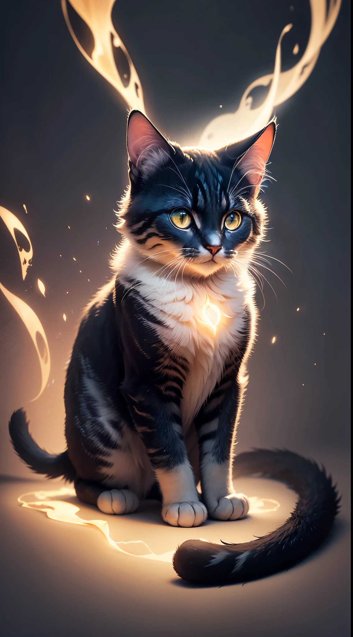 (vibrant with colors,A high resolution) 神奇的glow cat,glowing light eyes,sparkling fur,sparkling paws,etherealglow,captivating coloration,Soft and magical light,Explosive bright colors,iridescent fur,Shine like a star,The presence of majesty,glow cat,Light of the sky,magical aura,Creatures full of wonder and charm,Shining with magic,Radiate the light of heaven,Unforgettable beauty,out of this world,Luminous performance,Gives off a soft, bright light,Shining with supernatural power,glow like a beacon in the dark,out of this world的光度,divine creature of light,Surreal and mesmerizing look.
(light and shadows) The soft sunlight touches its fur,Cast captivating light and shadow,A game of light and darkness,Illuminated by moonlight,Cast an unforgettable silhouette in the night sky,shadows dance around it,Create a mysterious aura,Light filters through its magical presence,subtle contrast of light and shadows,Reflecting the balance of darkness and light.

Here are the tips for Glowing Magic Cat Theme。Key details describing most magical cats&#39;peculiarity，Includes glowing light eyes、Reflecting the mysterious light of the night sky、Beautiful colored hair and more.。ao mesmo tempo，Also added a description of light and shadow，Make images come to life。