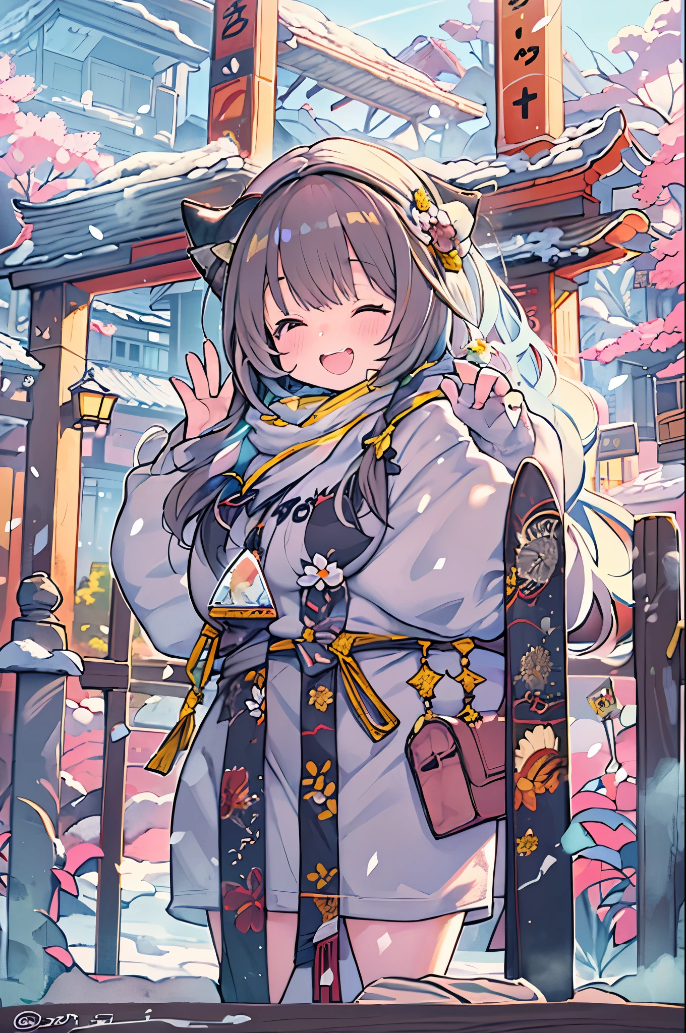 huge-breasted、kawaii、(Sunny Clothes)、torii gate,((Oblique angle))、{{close up to face}}、one eye closed、winking、A big smile、bbw、thick thight、big butts、Ultramammy, Winter days, Anime Background Art, japanese art style, beautiful anime scene,detailed scenery - width 672, Background art, Anime landscapes, Anime Background, Beautiful anime scenery, Beautiful peace scenes in anime, landscape artwork, Japan Village, Anime landscapesコンセプトアート, 8K))、New Year’s Day、1 moon