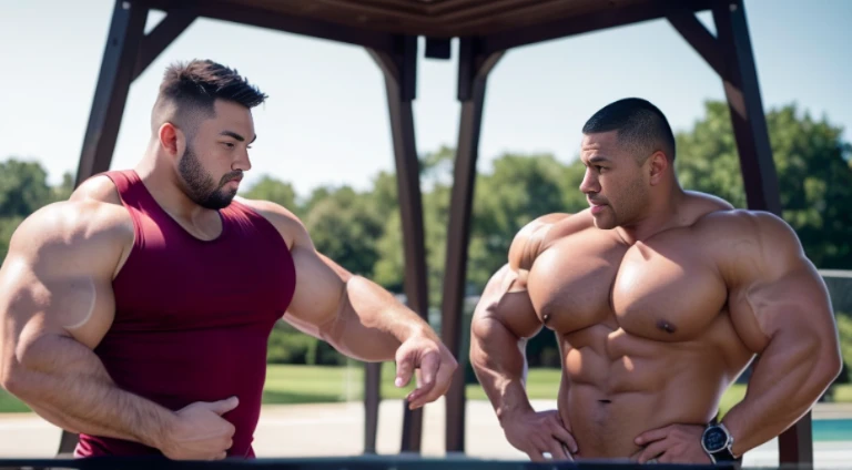 (Very detailed 8k wallpaper), two asian men, muscle worship, arms folded, On the playground, high detailing, buzzcut, very large and strong body, bulging muscles, well-muscled, very large pectoral muscles. Very sexy abs, legs are well-muscledの, Toned figure, lightens oily skin, well-muscledの, Tank top, T-shirt, longshot, Wide Shot