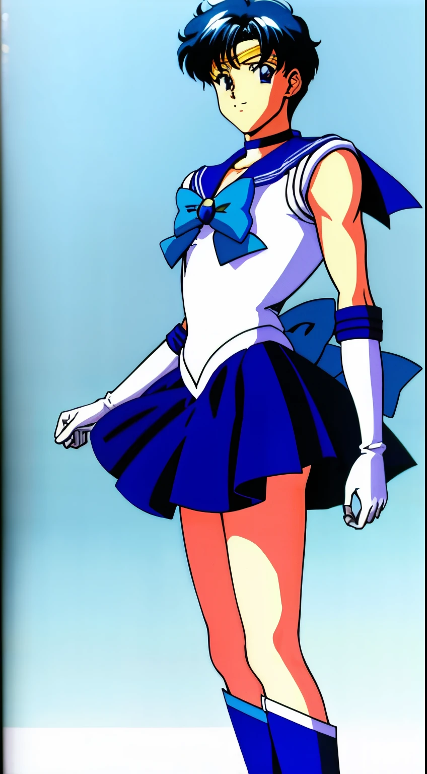 Top Quality Anime Art、masterpiece、high definition anime art、アニメstyles4K、hight resolution、Boy standing、Very short blue-haired boy、Blue-eyed boy、Golden Circlet、耳环、solo、Sailor Senshi Uniform、white glove、elbowgloves、Blue choker、Blue Heeled Boots、White leotard、highleg leotard、robe blanche、Blue sailor collar、Sky blue bow tie、a miniskirt、pleatedskirt、a blue skirt、a smile、bare upper arm、bare legs、Hymns to the King as a Prince, an retro anime image、full-body close-up shot、Anime. Rogue Anime Boy、Soft lighting、(1990's\(styles\)0.9)、