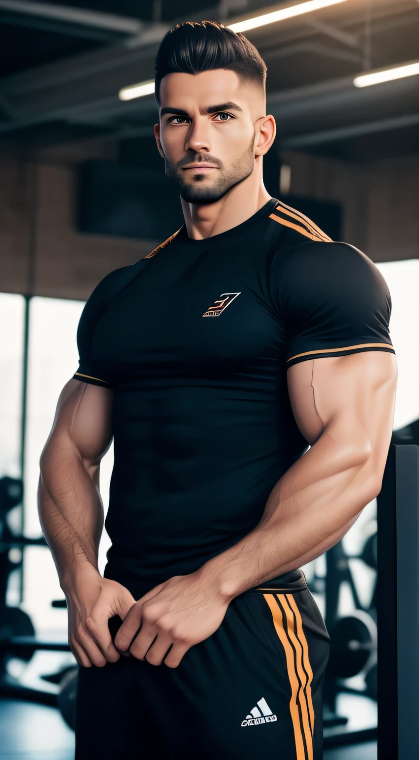 30 years old muscular man, track suit and black t-shirt, Stand in the gym front to the camera, natural pose, hands outside of pocket, Natural skin, 8K UHD, filmgrain