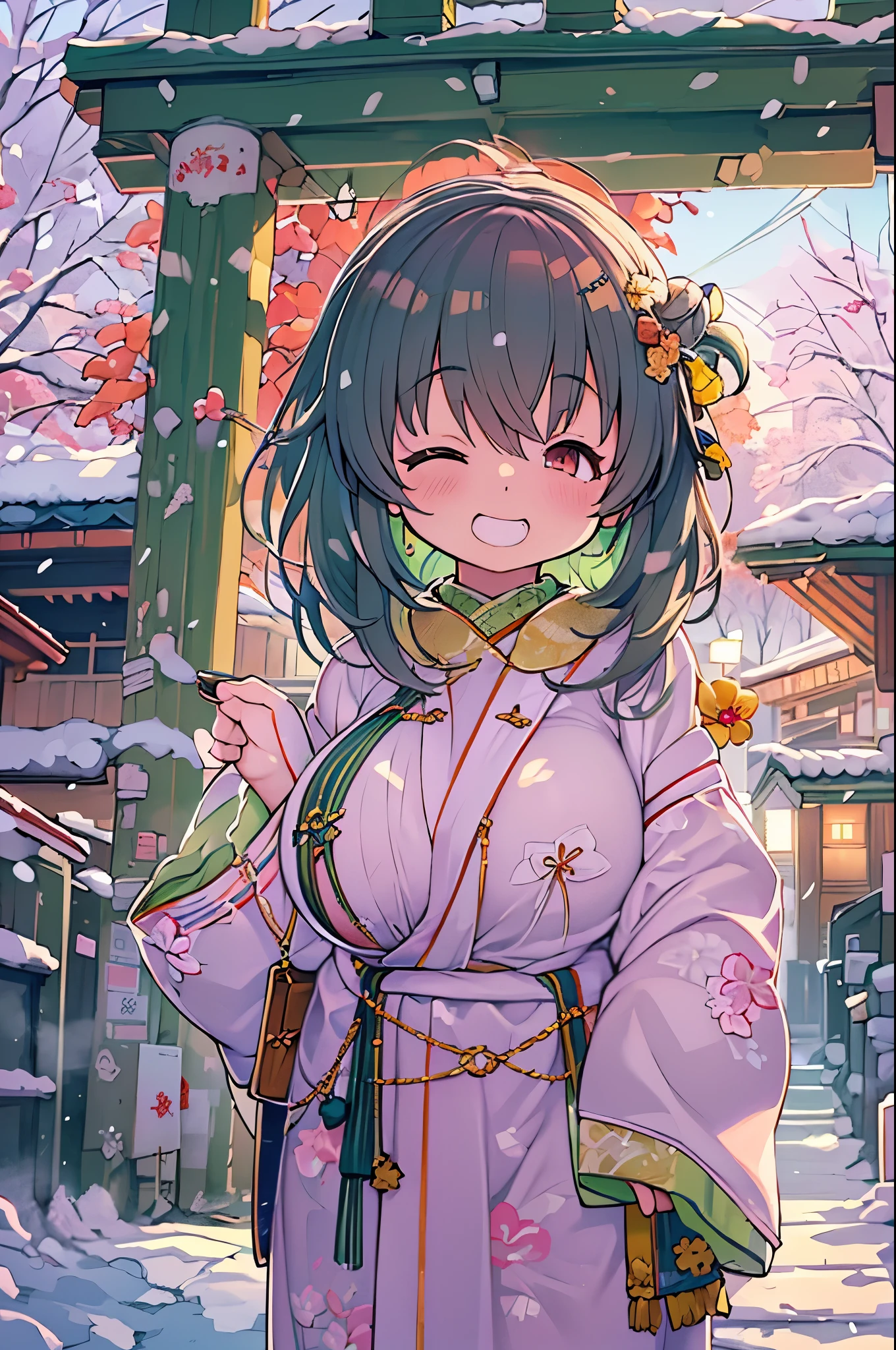 huge-breasted、kawaii、(Sunny Clothes)、torii gate,((Oblique angle))、{{close up to face}}、one eye closed、winking、A big smile、bbw、thick thight、big butts、Ultramammy, Winter days, Anime Background Art, japanese art style, beautiful anime scene,detailed scenery - width 672, Background art, Anime landscapes, Anime Background, Beautiful anime scenery, Beautiful peace scenes in anime, landscape artwork, Japan Village, Anime landscapesコンセプトアート, 8K))、New Year’s Day、1 moon