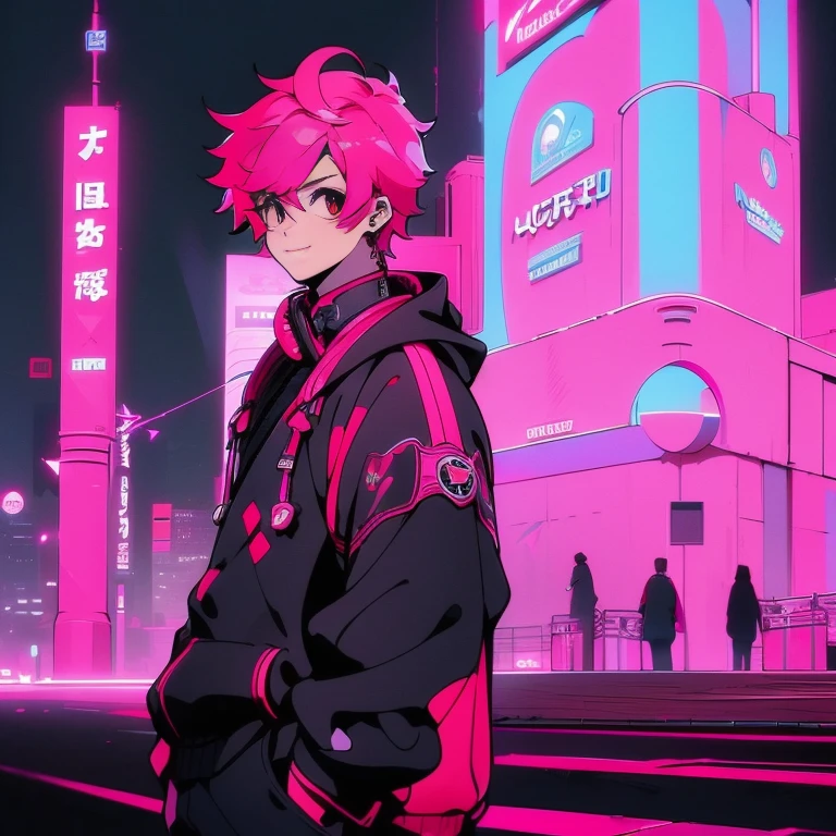 (short-cut), (Two-block hair), (vivid pink hair), (male character), (Red Eyes), (Cool pose), (of the highest quality), (​masterpiece), (ultra-detailliert), (Oversized hoodies), (Street), (neons), (Modern City), (neonsデイライト), (Cinematic), (Stylish), (hight resolution), (Hyper Detailed), (Looking at the camera), (Anime-style), (Softtown), (nightcore), (a handsome man), (Listening to music through headphones), (natural appearance of the building), (casual), (ig studios anime style), (Standing Pose), (Camera from low angle), (With smiling eyes), (thank you pose)