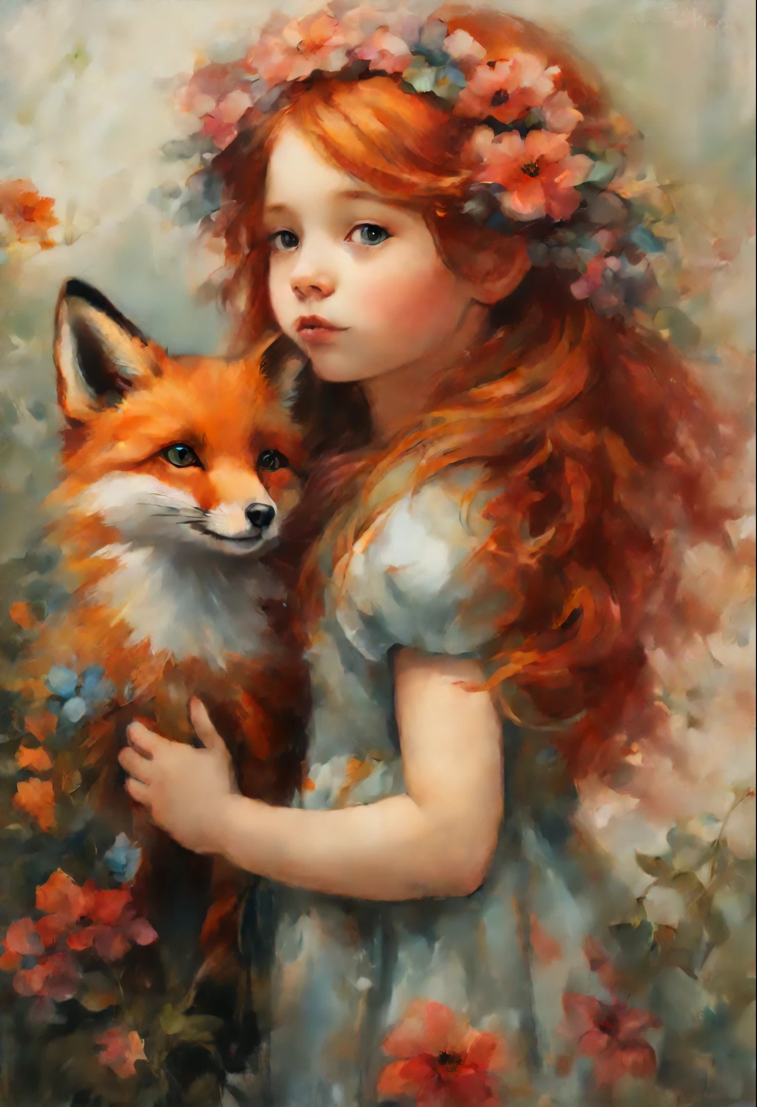 painting of a little red-haired girl in a flower dress with a fox and a flower crown, magali villeneuve', In the style of Anna Dittmann, magali villeneuve and monet, beautiful character painting, Heather Theurer, Ghibli Tom Bagshaw, artwork in the style of guweiz, Adi Granov, jinyoung shin art, Ye Xin, Annie Stegg Gerard
