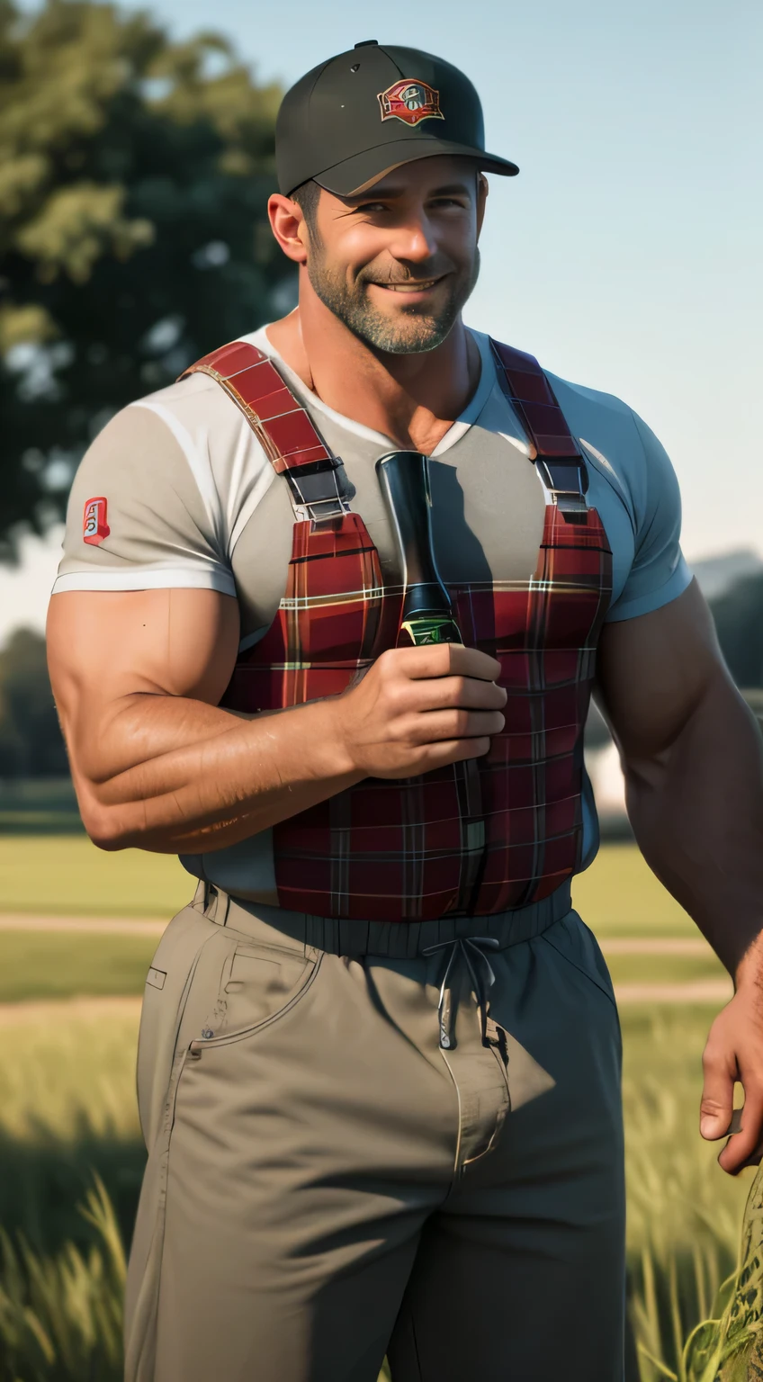 An award-winning original photo，A wild muscular man, (40 years old daddy:1.1), 1boy, Solo, (wearing red plaid overall), (big shoulders), musculature, stubbles, Short beard, Beautiful eyes:1.3, ), (Detailed face:1.3), (baseball cap), smiles, Dynamic Angle, volumetric lighting, (Best quality, A high resolution, Photorealistic), Cinematic lighting, Masterpiece, RAW photo, Intricate details, hdr, depth of field, paddyfield in the background, from below, golden sunshine