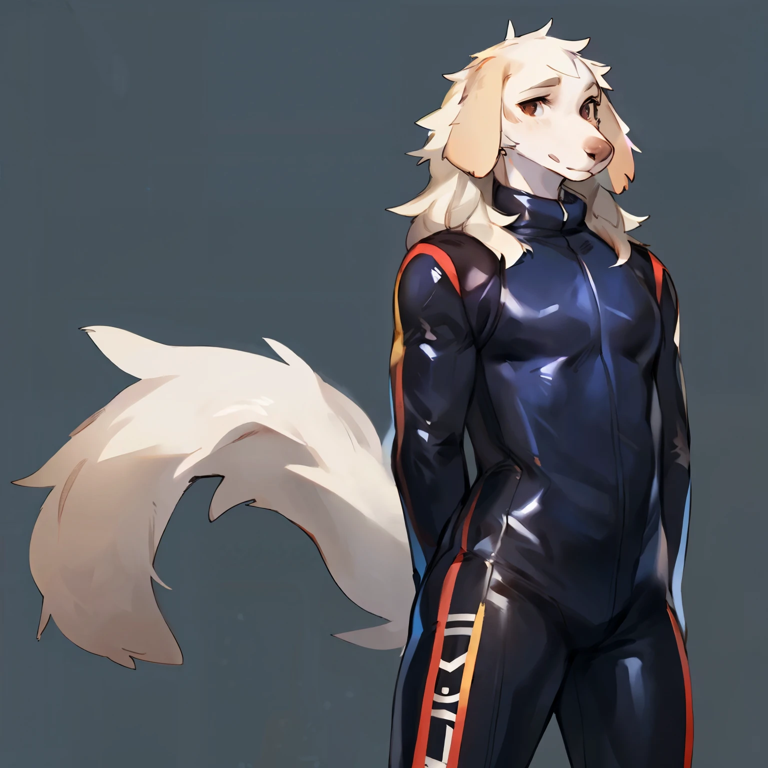 by bebebebebe, by goonie-san, by lostgoose, by spuydjeks, solo, male, standing, ((borzoi, snout), tail, skintight spacesuit