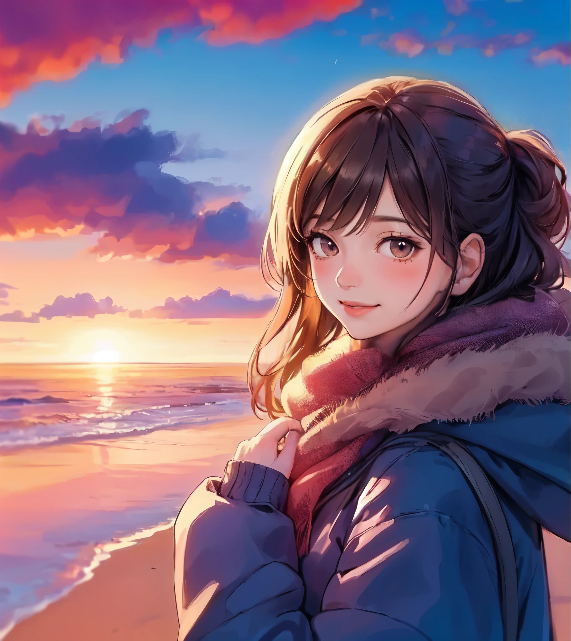 1lady solo, (looking back at viewers), (stylish outfit) winter, mature female, /(dark brown hair/) bangs, blush kind smile, (eyes sparkling with hope), (masterpiece best quality:1.2) delicate illustration ultra-detailed, large breasts BREAK (the first sunrise on the horizon) ocean, morning glow, vibrant colors sky BREAK (quiet beach outdoors), early morning