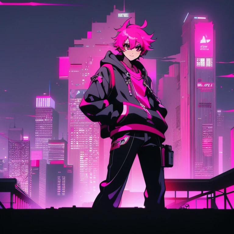 (short-cut), (Two-block hair), (vivid pink hair), (male character), (Red Eyes), (Cool pose), (of the highest quality), (​masterpiece), (ultra-detailliert), (Oversized hoodies), (Street), (neons), (Modern City), (neonsデイライト), (Cinematic), (Stylish), (hight resolution), (Hyper Detailed), (Looking at the camera), (Anime-style), (Softtown), (nightcore), (a handsome man), (Listening to music through headphones), (natural appearance of the building), (casual), (ig studios anime style), (Standing Pose), (Camera from low angle), (With smiling eyes), (thank you pose)