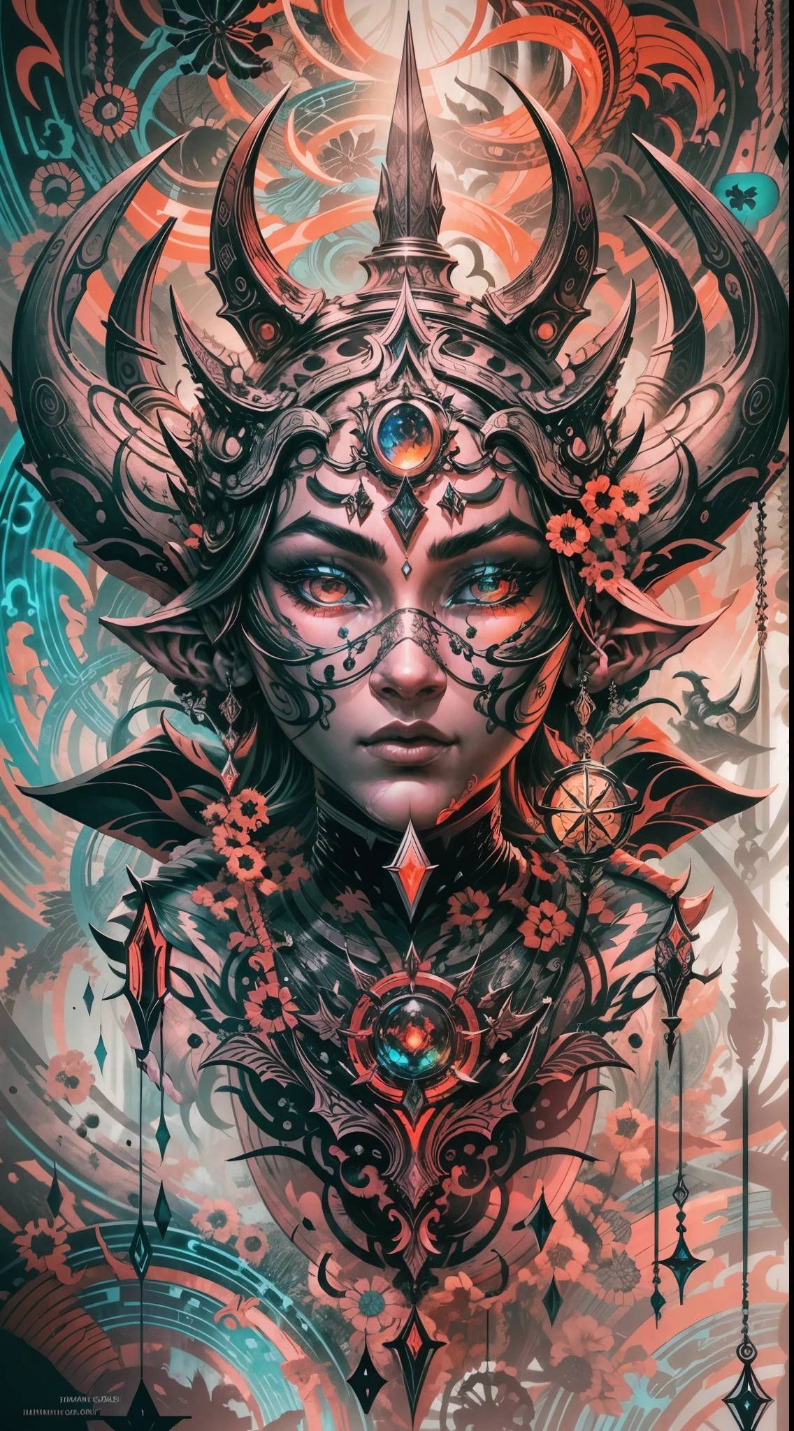 Explosive, otherworldly painting of a shape-shifting deity adorned with the elder scrolls series motifs and omnipresent, piercing eyes, a breathtaking amalgamation of fine art and captivating photo collage, mesmerizing poster design:: their appearance exuded the enigmatic allure of Skyrim minimalism fused with cosmic chaos:: --ar 9:16 --s 963 --c 9  --q 2  --v 5