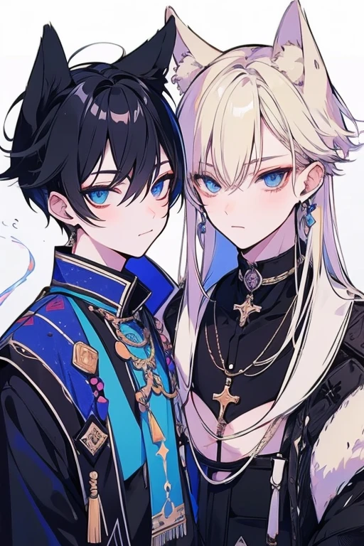 Unparalleled beauty,face perfect、(2man,Gay Male Relationships),Perfect Eye、Blue Eye、Staring at me、Provocative facial expressions、put out the tongue、 By Shinkai Makoto、Animal ears、Animal tail、a blonde and a black hair、Traditional costumes、steam、steam、White breath、ilandov、Invincible smile、fight、、Cross your shoulders、Winter Outfit、snowscape、 (2man),Gay Male Relationships, 、,