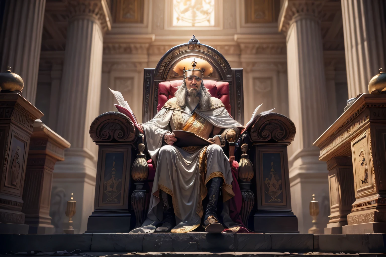 An image of King Solomon on his throne, perhaps holding a scroll or symbols of wisdom. May include elements such as the Jerusalem Temple in the background, ultra detalhado, ultra detalhado background, 8k