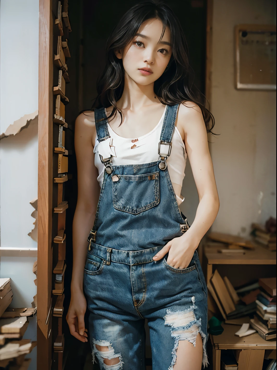 raw photo, 8k, (top-quality), Realistic, (real picture, Intricate details), (natural skin texture, detailed skin, hyper realism, sharpness), (Japanese college girl standing in an abandoned apartment building, hands in pockets), ((tattered tank top, denim overalls, Distressed denim, sleeveless)), (((Small chest:1.4))), Fair skin, sweaty skin, ((Wavy long hair, One-length hairstyles)), (kanakomomota, neat face, Parted lips), Room being demolished, dusty room, cracked wall, Messy floor, Pile of rubble:1.3, broken window, cracked Window glass, Hard lighting:1.3, sunset light, Full body shot