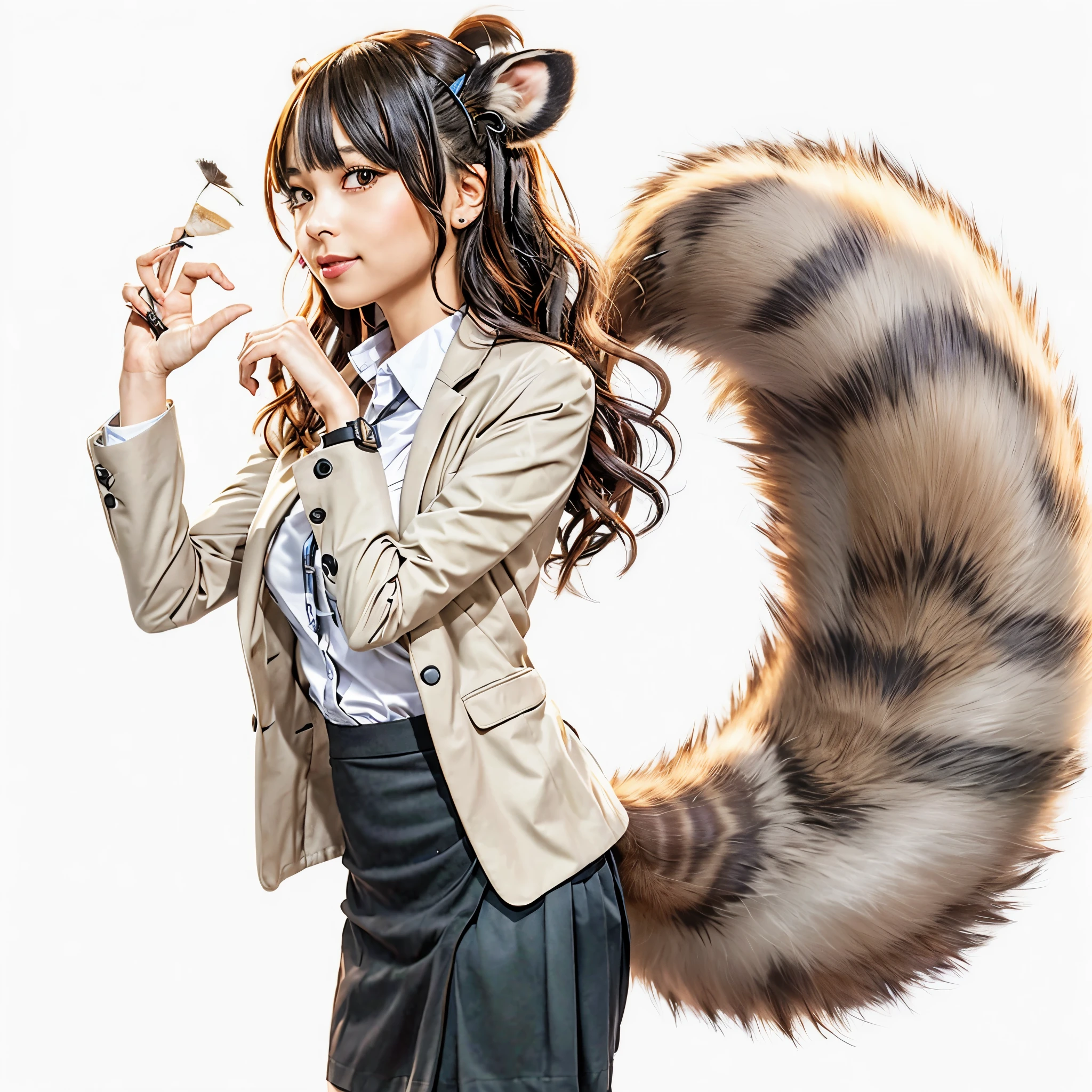 A woman wearing a pleated miniskirt with a raccoon tail, anthropomorphic racoon, けもの, Realistic, a picture, top-quality, Her pleated miniskirt is flipped up and her tail is visible.:1.5 ,Realistic tail, small tits, slender, White panties, tail, Bushy tail, Realistic tail