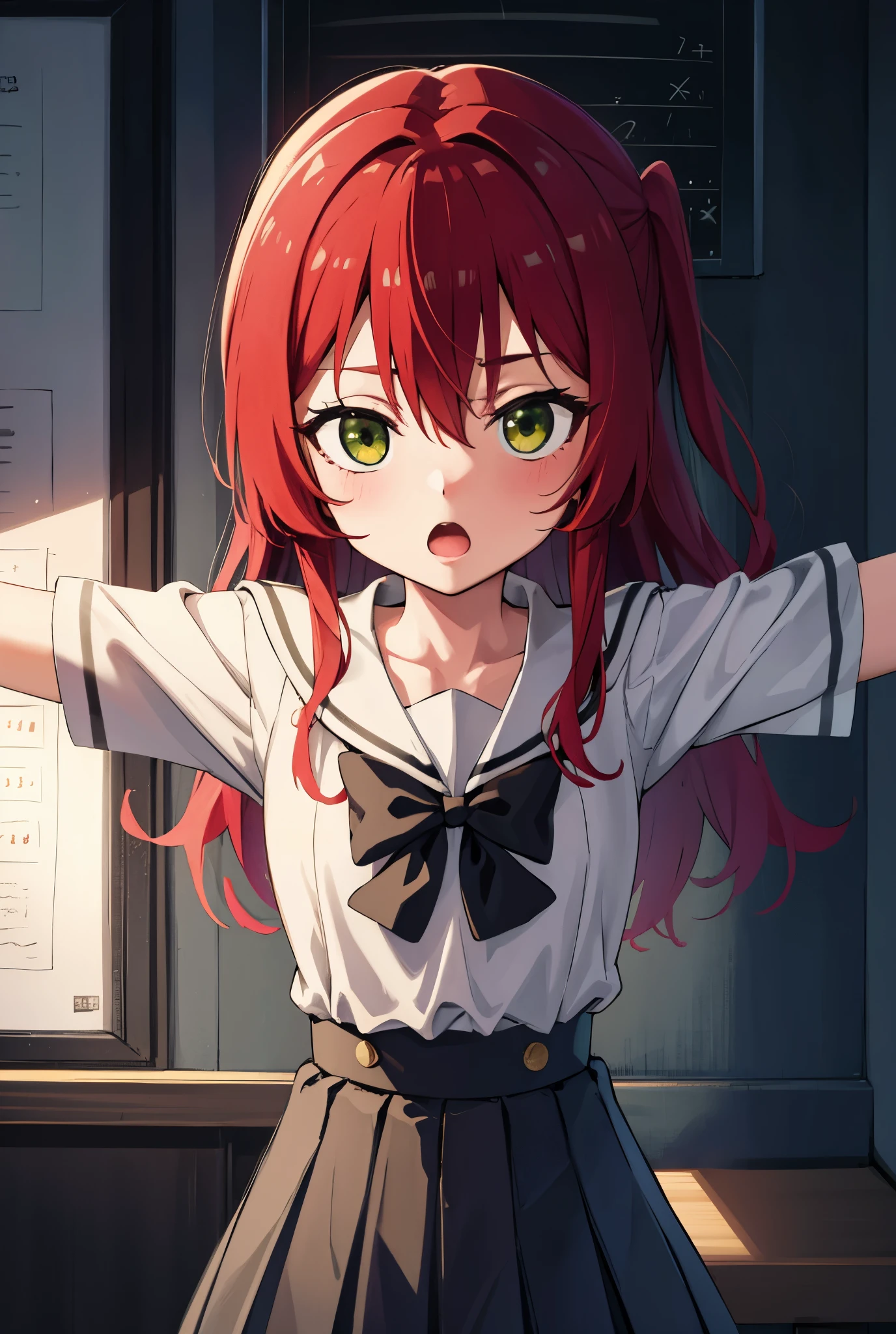 kitaikuyo, ikuyo kita, (green eyes:1.5), hair between eyes, long hair, one side up, red hair, (flat chest:1.2),
BREAK black footwear, black skirt, grey sailor collar, pleated skirt, sailor collar, school uniform, shoes, short sleeves, shuka high school uniform, skirt,,
BREAK looking at viewer,
BREAK indoors, classroom,
BREAK (masterpiece:1.2), best quality, high resolution, unity 8k wallpaper, (illustration:0.8), (beautiful detailed eyes:1.6), extremely detailed face, perfect lighting, extremely detailed CG, (perfect hands, perfect anatomy),up chest.Spread your arms.serious.open mouth.big breasts