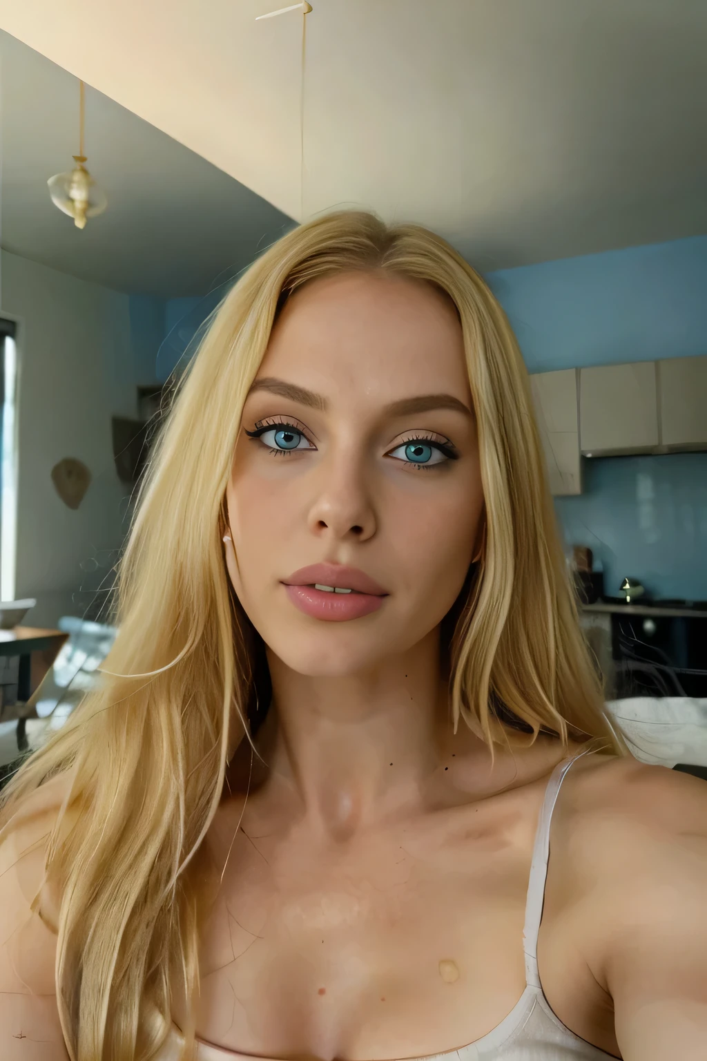 ((blonde woman)), ukrainian girl, bay leaf, MORNING AWAKENING, selfie shot, in a room, no makeup, pale skin, ruin blonde hair with blue eyes, amouranth, mais conhecido como amouranth, Street, jovem amouranth bonito, ((bay leaf)),