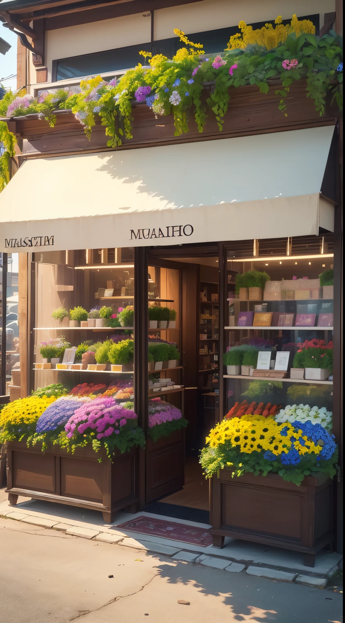 (best quality,4k,8k,highres,masterpiece:1.2),ultra-detailed,(realistic,photorealistic,photo-realistic:1.37),vibrant,colorful flowers,exotic foliage,breathtaking flower arrangements,fresh,fragrant,beautifully decorated storefront,welcoming atmosphere,harmonious and lively.