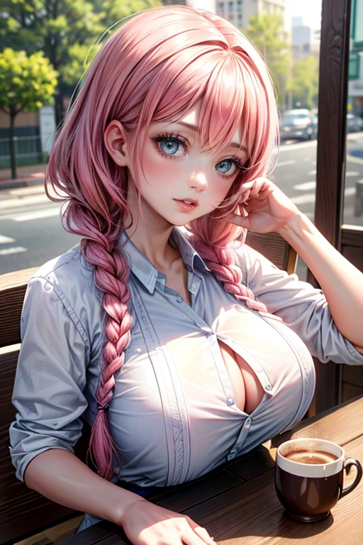 (best quality,4k,8k,highres,masterpiece:1.2),pink hair,short braided hair,beautiful big breasts,girl's eyes are beautifully detailed and expressive,girl's lips are beautifully detailed,ultra-detailed,realistic,wearing school uniforms,playfully enjoying the moment,colorful and vibrant,soft natural lighting。Unbutton your shirt。Coffee in a café。