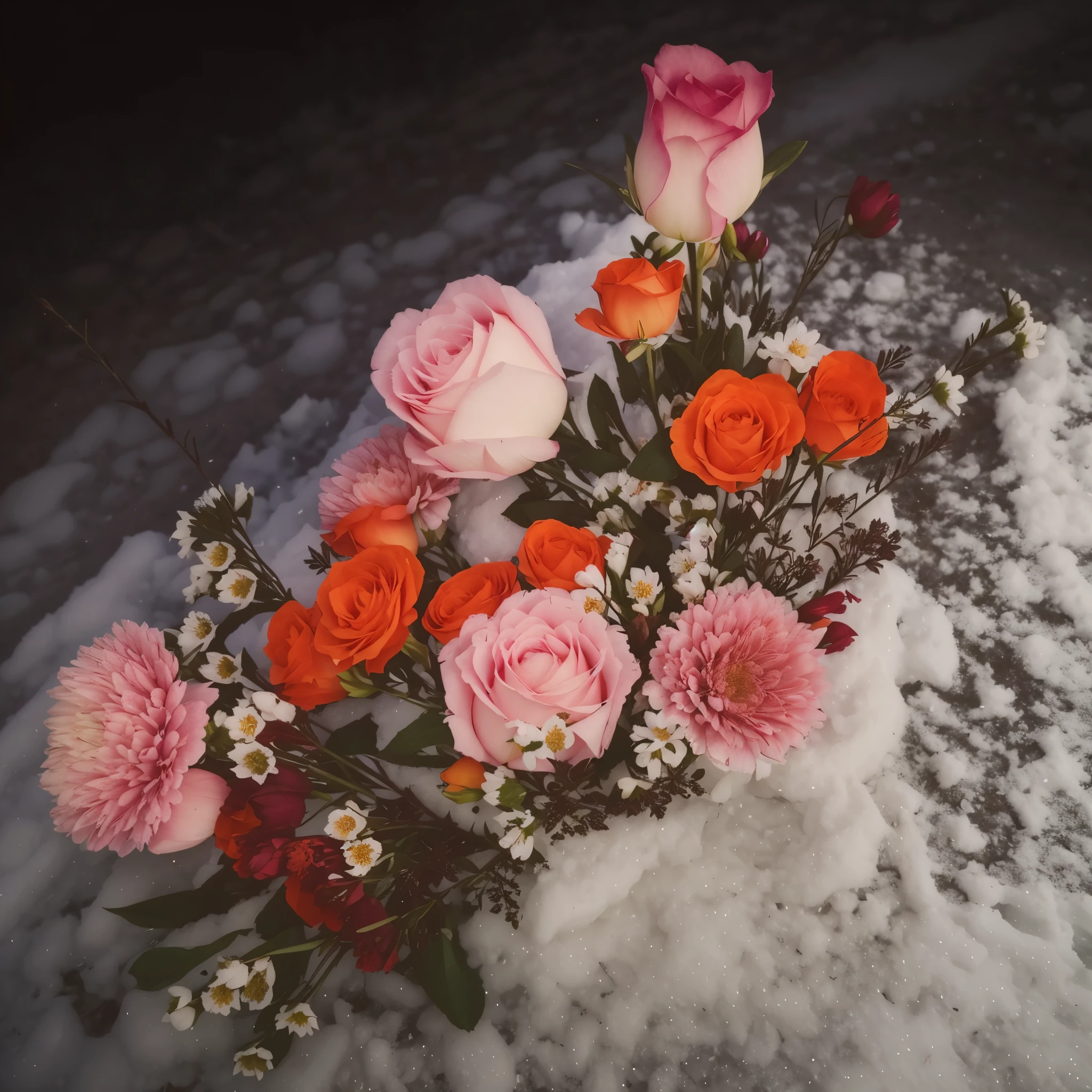 there are many flowers that are laying in the heavy snow, with frozen flowers around her, by Jaakko Mattila, dead flowers, by Emma Andijewska, by Anna Haifisch, by Magdalene Bärens, bouquet, bed of flowers on floor, by Anato Finnstark, by Anita Malfatti, by Christen Dalsgaard