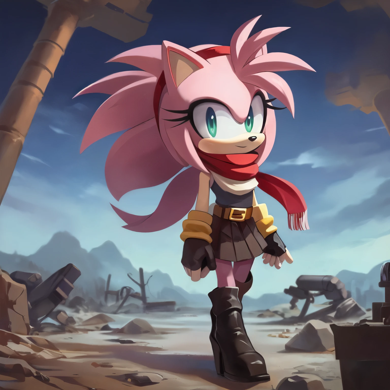(((Solo))), (((1girl))), older Amy Rose, (long hair), (larger hair bangs), (dark pastel pink fur), dark red tube top with white stripe down the middle, dark red skirt with gold belt, dark gray leggings, (long dark grey anime like scarf), red fingerless gloves, red and black high heeled boots, black elbow length arm warmers, dark red head band, blank expression, walking in an apocalyptic wasteland