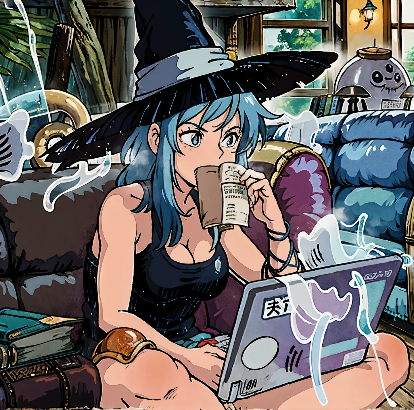 sexy anime girl with blue hair sitting on a sofa with a laptop, olhos azuis, bruxa academia, corpo escultural, garota sexy misteriosa da cafeteria, bruxa, bruxa girl, bruxa, estilo Akira Toryama, Dragon ball, Bulma sexy, corpo perfeito