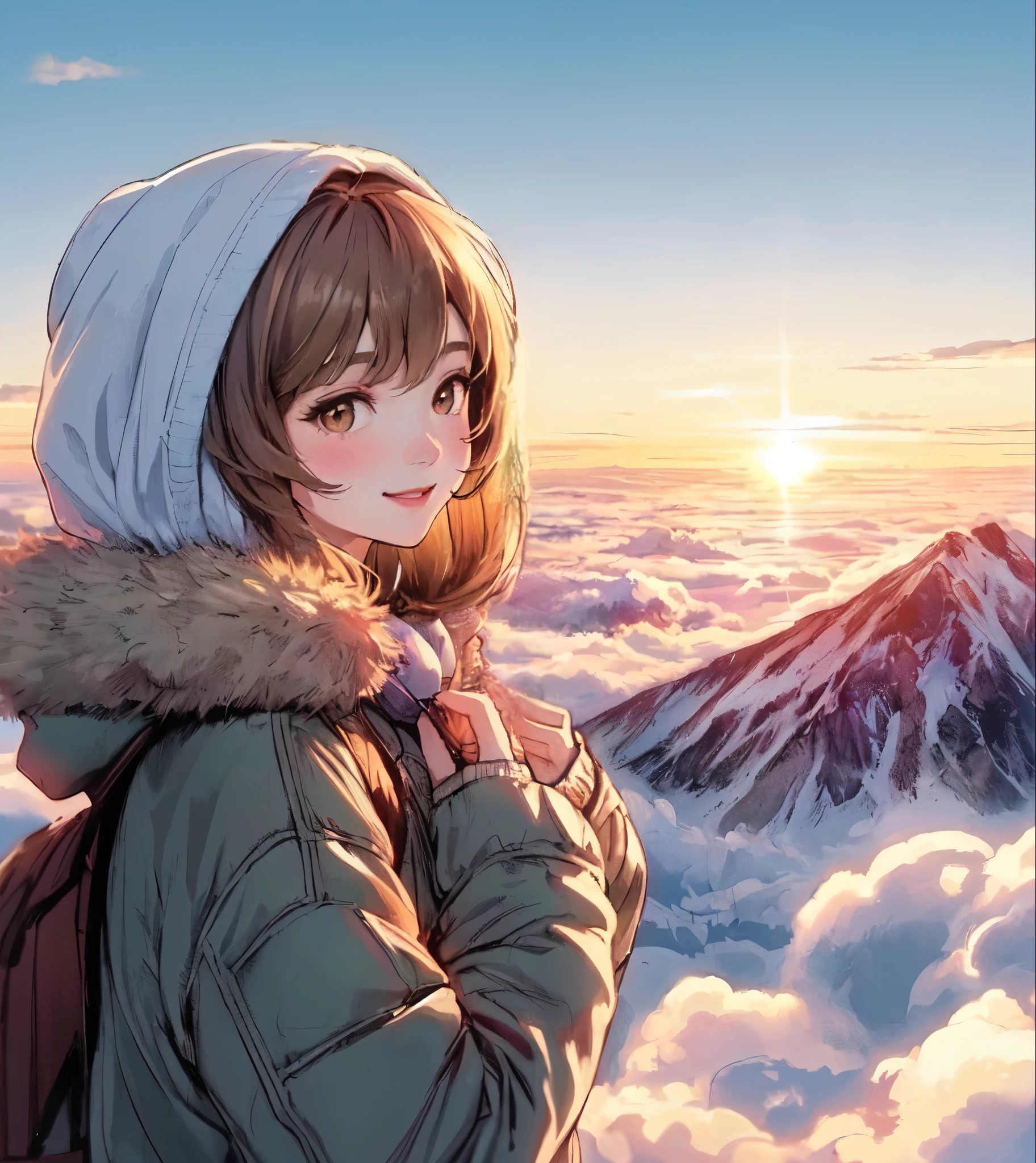 1lady solo, (looking back at viewers), (stylish outfit) winter, mature female, /(light brown hair/) bangs, blush kind smile, (eyes sparkling with hope), (masterpiece best quality:1.2) delicate illustration ultra-detailed, large breasts BREAK (the first sunrise on the horizon), mountain (sea of clouds:1.2), morning glow, vibrant colors sky BREAK (standing on top of mountain) outdoors, early morning