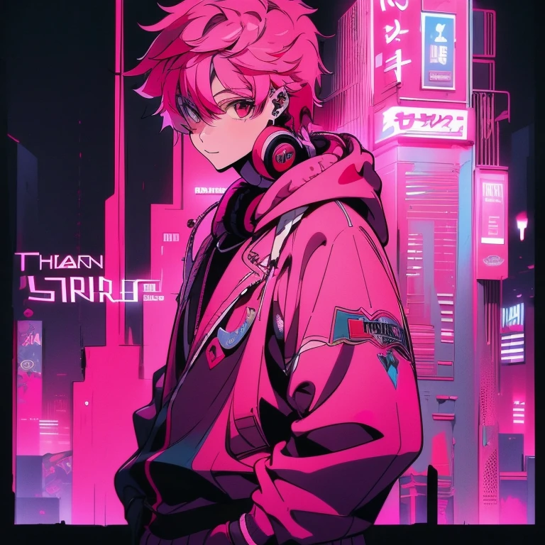 (short-cut), (Two-block hair), (vivid pink hair), (male character), (Red Eyes), (Cool pose), (of the highest quality), (​masterpiece), (ultra-detailliert), (Oversized hoodies), (Street), (neons), (Modern City), (neonsデイライト), (Cinematic), (Stylish), (hight resolution), (Hyper Detailed), (Looking at the camera), (Anime-style), (Softtown), (nightcore), (a handsome man), (Listening to music through headphones), (natural appearance of the building), (casual), (ig studios anime style), (Standing Pose), (Camera from low angle), (With smiling eyes), (thank you pose)