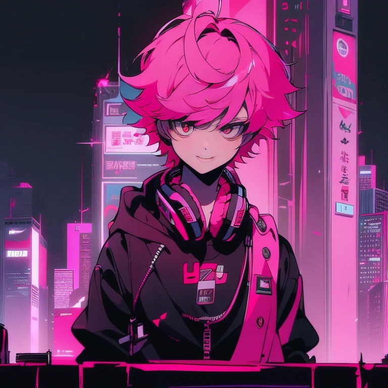 (short-cut), (Two-block hair), (vivid pink hair), (male character), (Red Eyes), (Cool pose), (of the highest quality), (masterpiece), (ultra-detailliert), (Oversized hoodies), (Street), (neons), (Modern City), (neonsデイライト), (Cinematic), (Stylish), (hight resolution), (Hyper Detailed), (Looking at the camera), (Anime-style), (Softtown), (nightcore), (a handsome man), (Listening to music through headphones), (natural appearance of the building), (casual), (ig studios anime style), (Standing Pose), (Camera from low angle), (With smiling eyes), (thank you pose)
