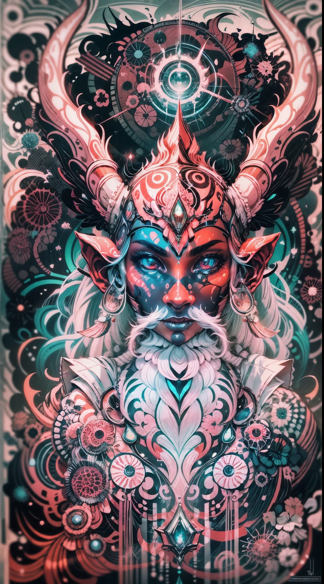 Explosive, otherworldly painting of a shape-shifting deity adorned with the elder scrolls series motifs and omnipresent, piercing eyes, a breathtaking amalgamation of fine art and captivating photo collage, mesmerizing poster design:: their appearance exuded the enigmatic allure of Skyrim minimalism fused with cosmic chaos:: --ar 9:16 --s 963 --c 9 --q 2 --v 5