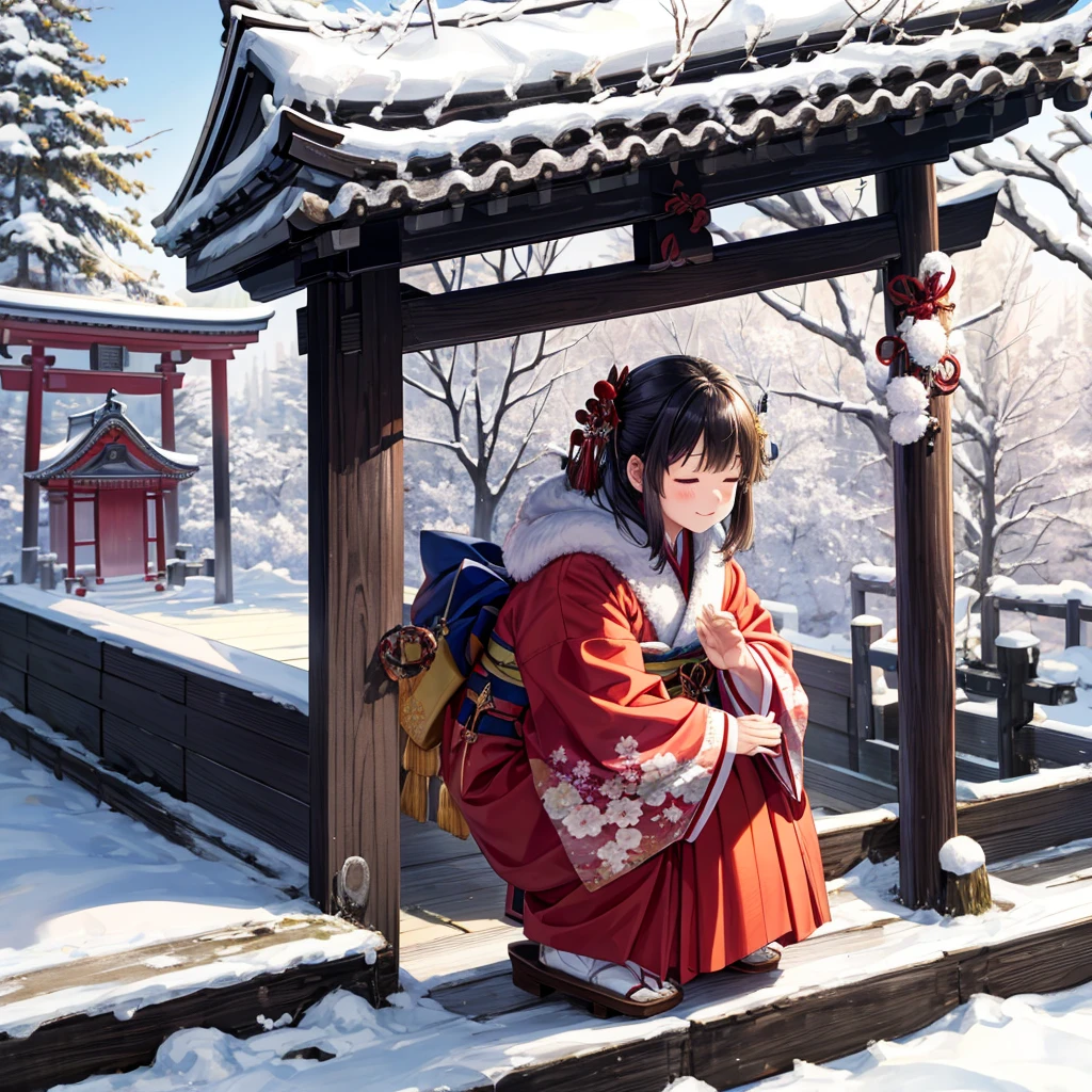 top-quality、kimono、Winter shrine、A girl bowing in gratitude、