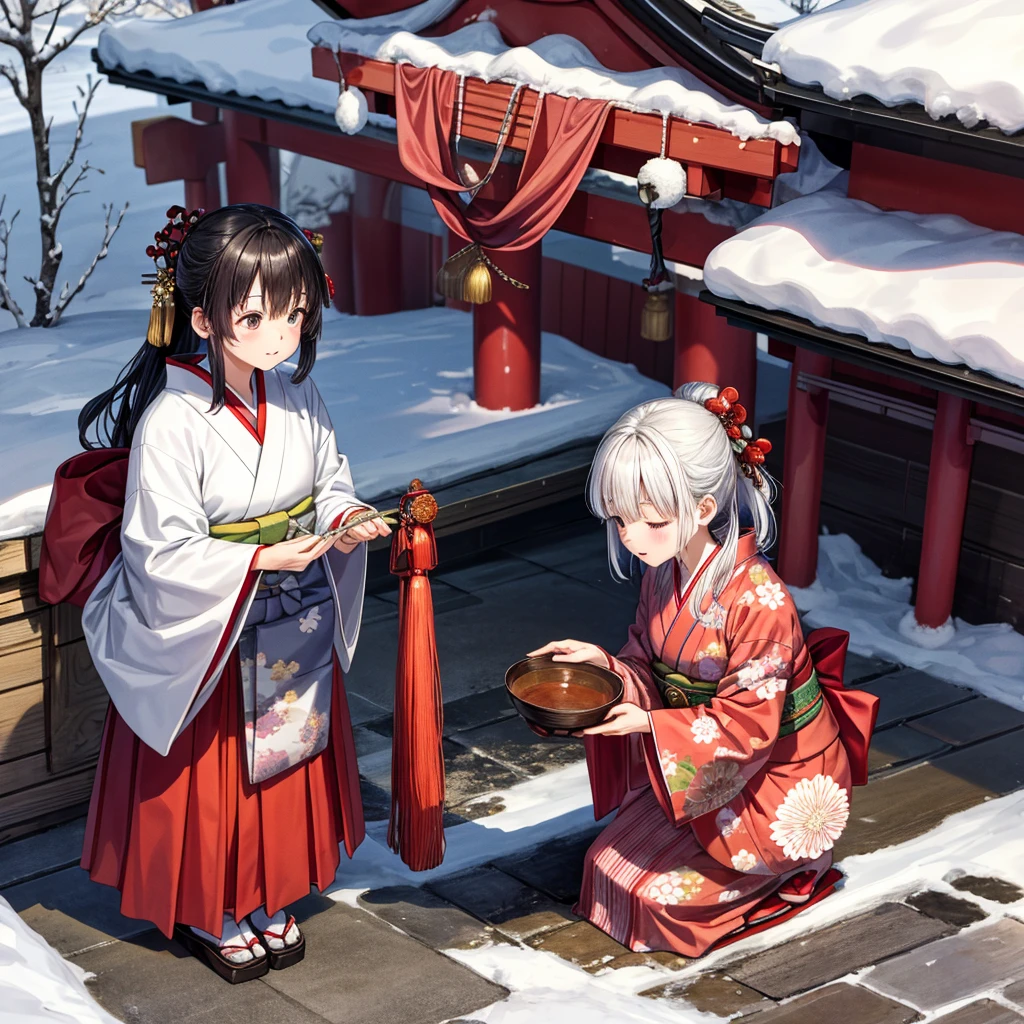 top-quality、kimono、Winter shrine、A girl bowing in gratitude、