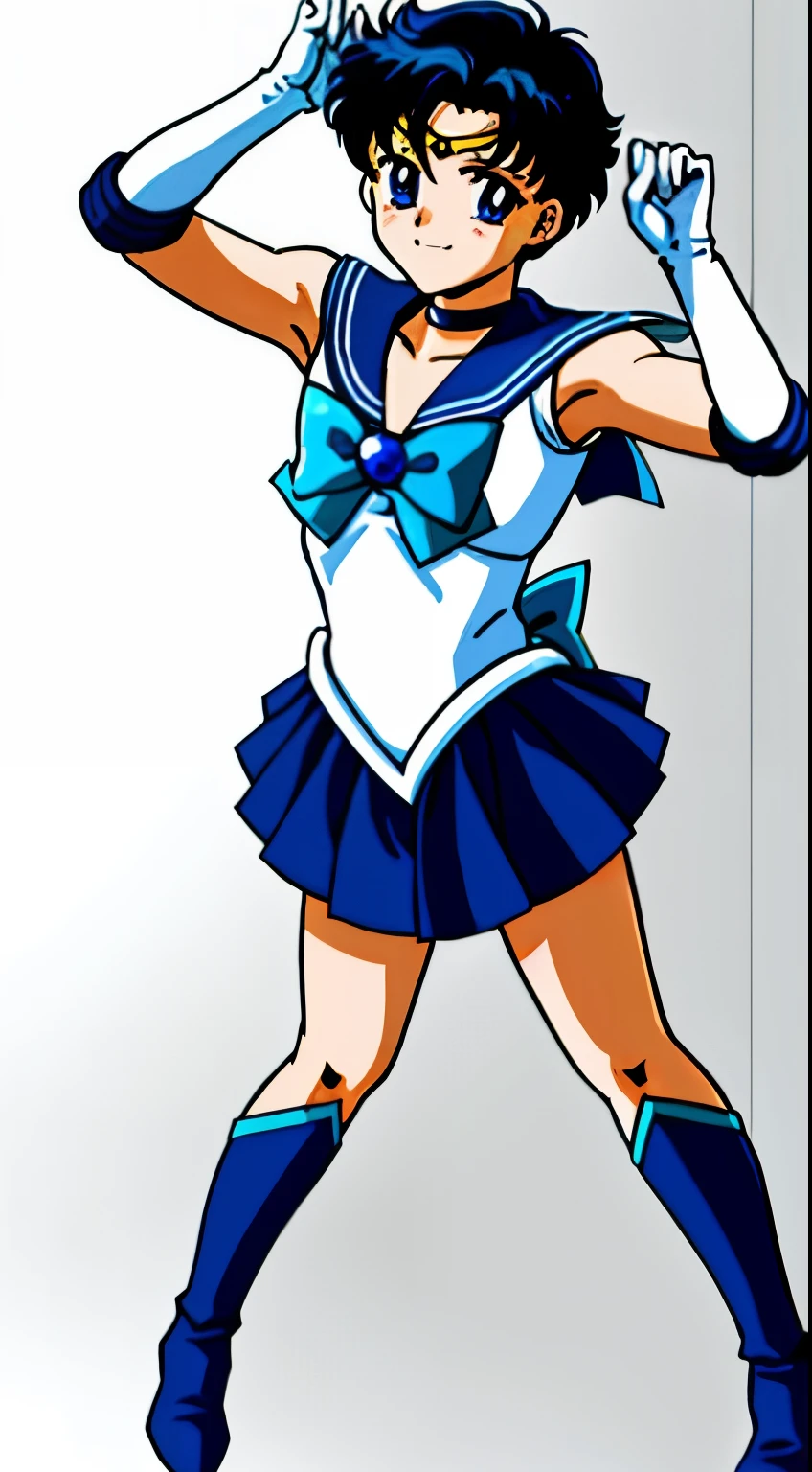 Top Quality Anime Art、masterpiece、high definition anime art、hight resolution、アニメstyles4K、Sailor Senshi Uniform、Anime Boy、Handsome boy、Junior high school boys、Ami Mizuno、gender change、Sailor Mercury、gender change(Girls to boys)、rating:safe、solo、Blue sailor collar、Sky blue bow tie、Magical Boy、Blue choker、Very short blue-haired boy、jewelry、skirt、耳环、white glove、elbowgloves、bow、Masculinization、Blue knee boots、Blue Heeled Boots、a blue skirt、circlet、Blue-eyed boy、back_bow、White leotard、highleg leotard、robe blanche、Boy with very short black hair、blue_bow、sky blue_bow、white_bow、Boy standing、smile、a miniskirt、pleatedskirt、Muscular men、photo、Bare shoulders、bare legs、レトロなAnime Boy、an retro anime image、cel shaded anime、Hymns to the King as a Prince、full-body close-up nime、Soft lighting、(1990's\(styles\):0.9)、