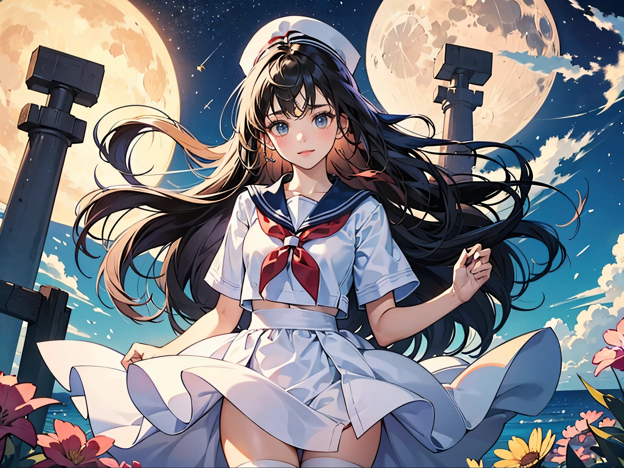 A lively, cute and pure girl wears a bow on her head,In sailor suit(Modern style) white stockings(White in red)Perfect body proportions, the moon is shy and the flowers are sitting in the sky。sea of stars。shy。Innocent。The gentleness of the wind。