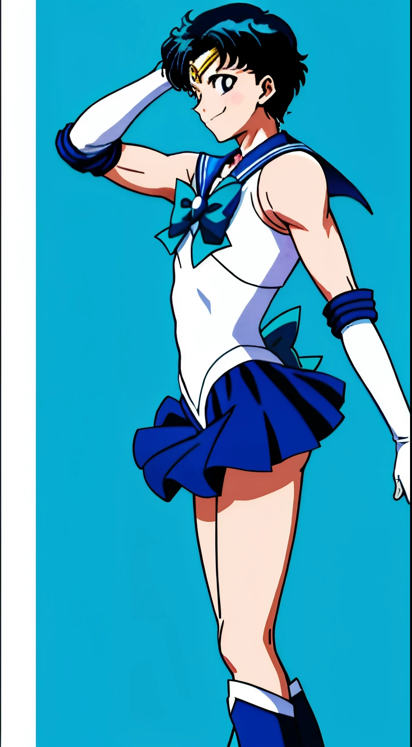 Top Quality Anime Art、​masterpiece、high definition anime art、hight resolution、アニメstyles4K、Sailor Senshi Uniform、Anime Boy、Handsome boy、 boys、Ami Mizuno、gender change、Sailor Mercury、gender change(Girls to boys)、rating:safe、solo、Blue sailor collar、Sky blue bow tie、Magical Boy、Blue choker、Very short blue-haired boy、jewelry、skirt、耳环、white glove、elbowgloves、bow、Masculinization、Blue knee boots、Blue Heeled Boots、a blue skirt、circlet、Blue-eyed boy、back_bow、White leotard、highleg leotard、robe blanche、Boy with very short black hair、blue_bow、sky blue_bow、white_bow、Boy standing、smile、a miniskirt、pleatedskirt、photo、Bare shoulders、bare legs、レトロなAnime Boy、an retro anime image、cel shaded anime、Hymns to the King as a Prince、full-body close-up shot、Anime、Soft lighting、(1990's\(styles\):0.9)、