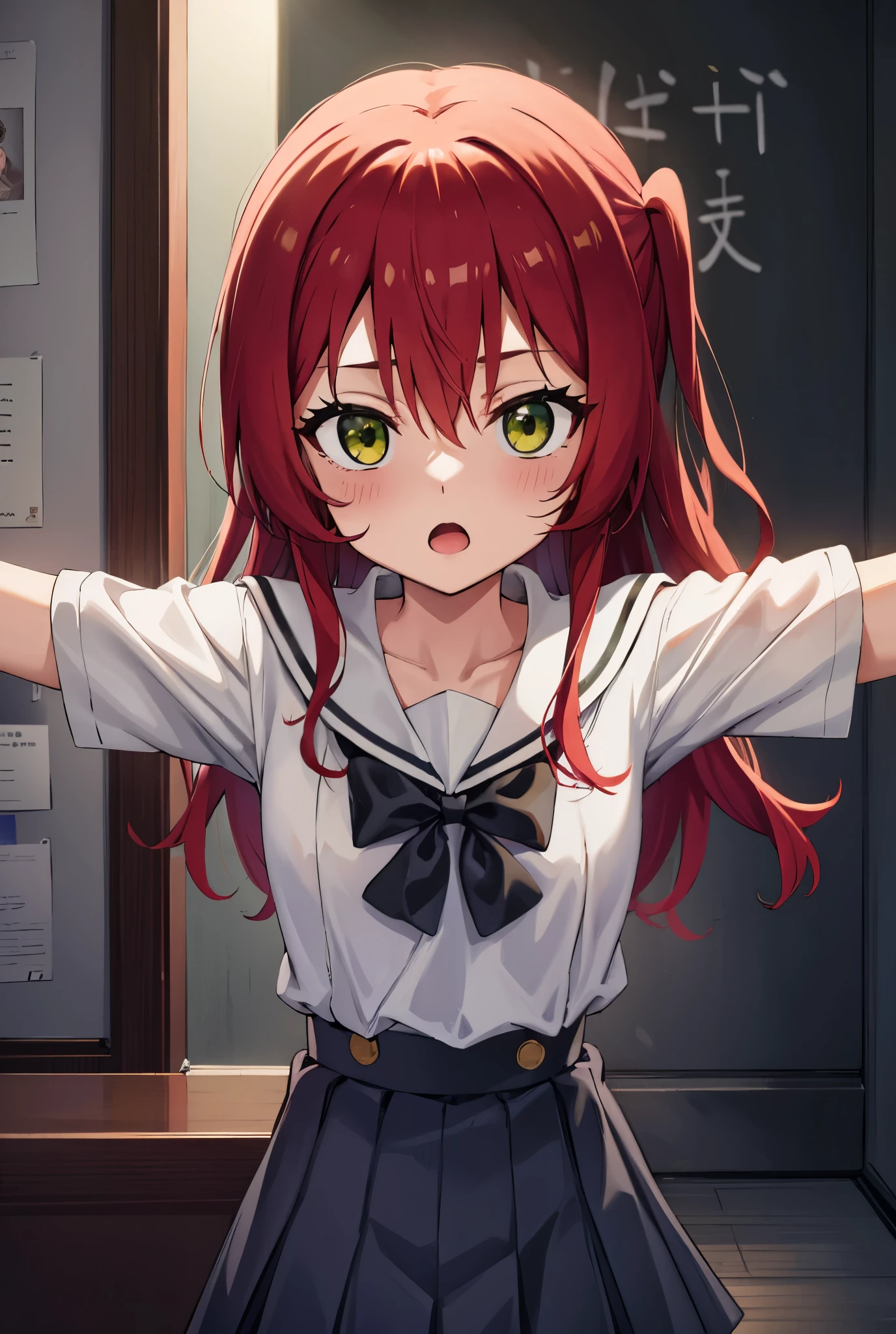 kitaikuyo, ikuyo kita, (green eyes:1.5), hair between eyes, long hair, one side up, red hair, (flat chest:1.2), BREAK black footwear, black skirt, grey sailor collar, pleated skirt, sailor collar, school uniform, shoes, short sleeves, shuka high school uniform, skirt,, BREAK looking at viewer, BREAK indoors, classroom, BREAK (masterpiece:1.2), best quality, high resolution, unity 8k wallpaper, (illustration:0.8), (beautiful detailed eyes:1.6), extremely detailed face, perfect lighting, extremely detailed CG, (perfect hands, perfect ???????),up chest.Spread your arms.serious.open mouth.big breasts