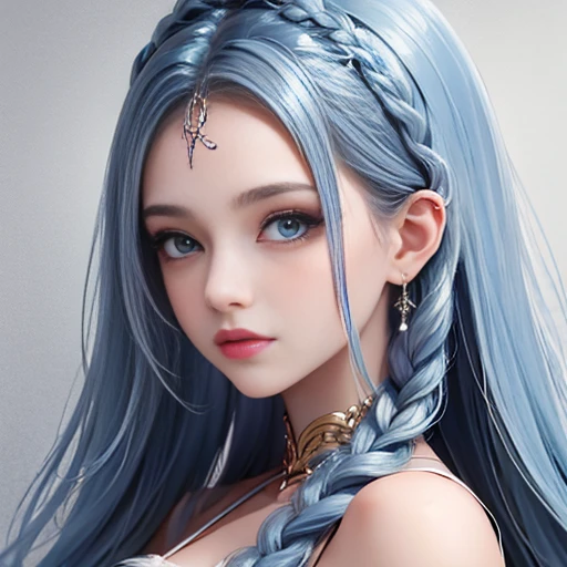(best quality, 4k, Masterpiece, ultra detailed, hyperrealism, RAW quality), ((The face of the most beautiful young girl)), the most beautiful face ever created, gray-eyed princess, seductive look, ultra-detailed pupil, captivating, clean, perfect, (unique cut, pink and blue hair, metallic details in hair braid), red lips, captivating, luminous white henna tattoo on neck, RAW quality,
