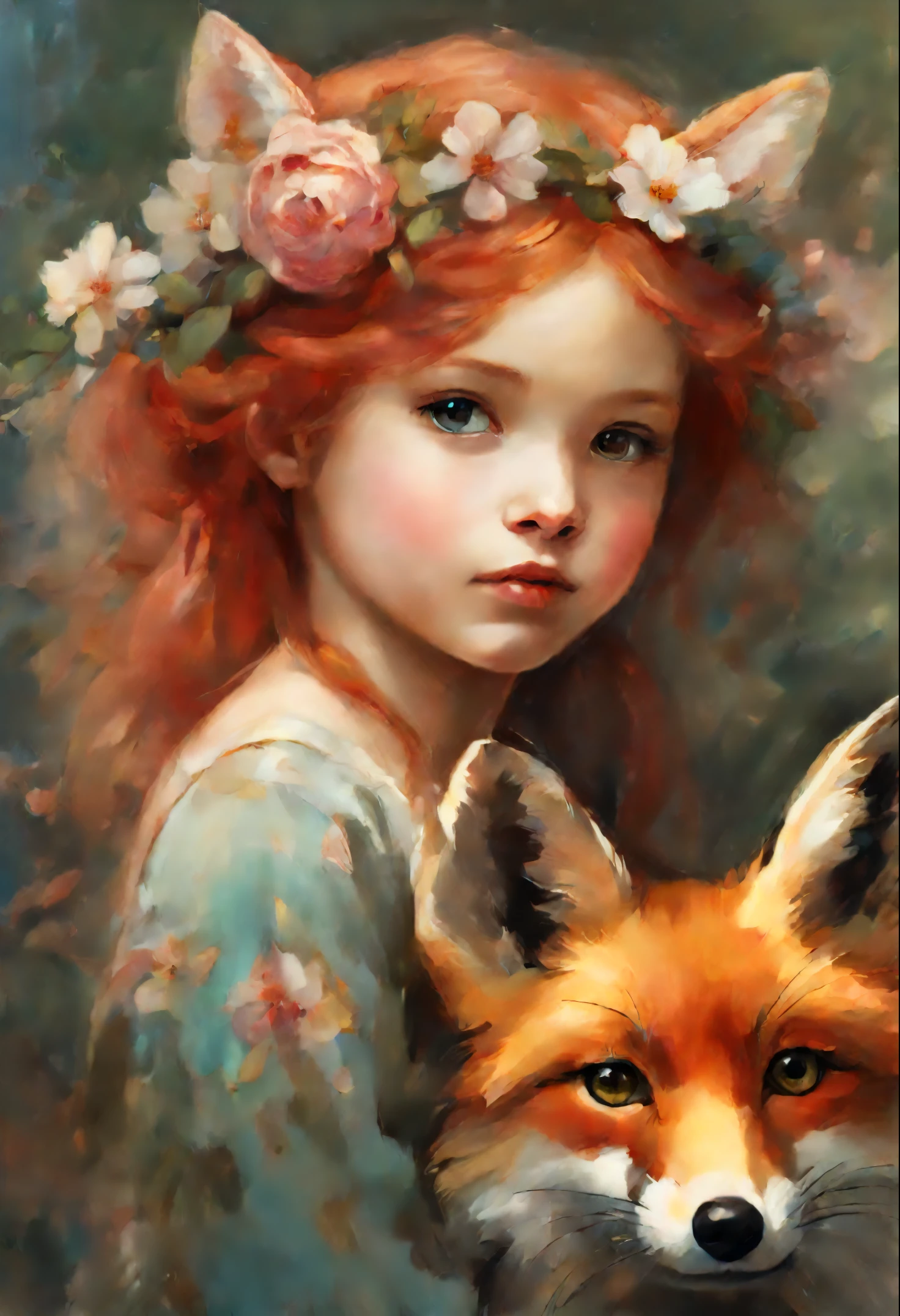 painting of a red-haired girl in a flower dress with a fox and a flower crown, magali villeneuve', In the style of Anna Dittmann, magali villeneuve and monet, beautiful character painting, Heather Theurer, Ghibli Tom Bagshaw, artwork in the style of guweiz, Adi Granov, jinyoung shin art, Ye Xin, Annie Stegg Gerard