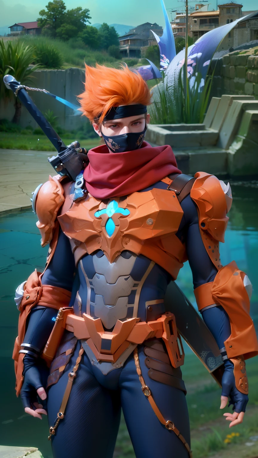 masculine male, masterpiece, ((perfect eyeest quality, (semirealism:1.9), beautiful lighting, (extremely detailed CG unity 4k fhd wallpaper), High Detail, Sharp focus, dramatic outdoors, 1 boy ,19 years old, orange hair, light purpel eyes, mask, blue bandana, sword ninja.