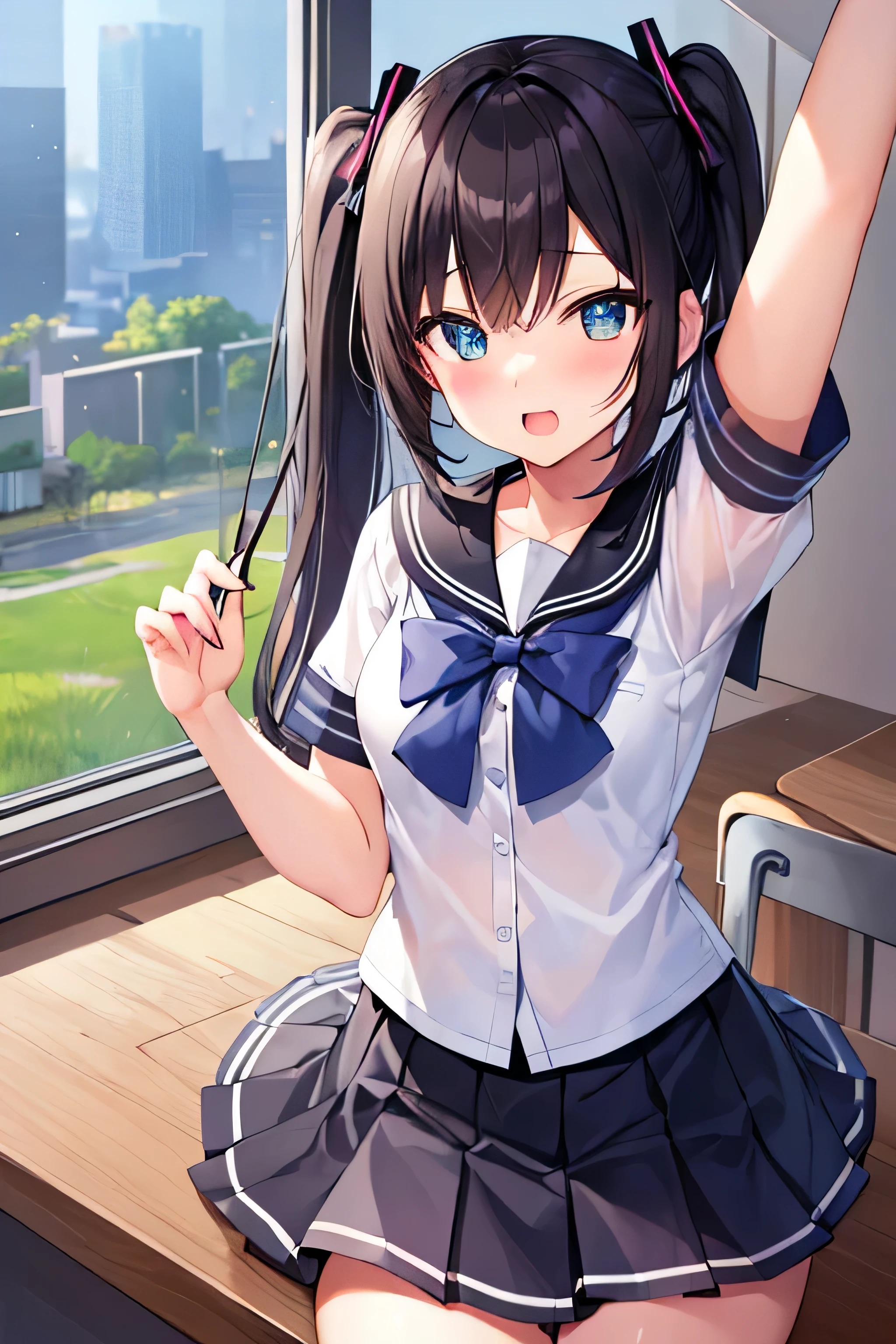 looking ahead,from above,slouch,handjob,side view,face focus,open mouth,tongue out,cum on tongue,Licking a white dildo,(1girl,Beautiful 14 year old girl),((Slender,Small breasts,Baby Face,Small face,)),looking at viewer,Black Hair,bangs,two side up,Gray Eyes,Drooping eyes,slit pupils,narrow eyes,,Short sleeve shirt,Grey checked tie,Grey checked mini skirt,Navy blue socks,Beautiful and detailed anime art,Mischievous smile,Dimly lit room,Simple Background,Gray background,Low lighting