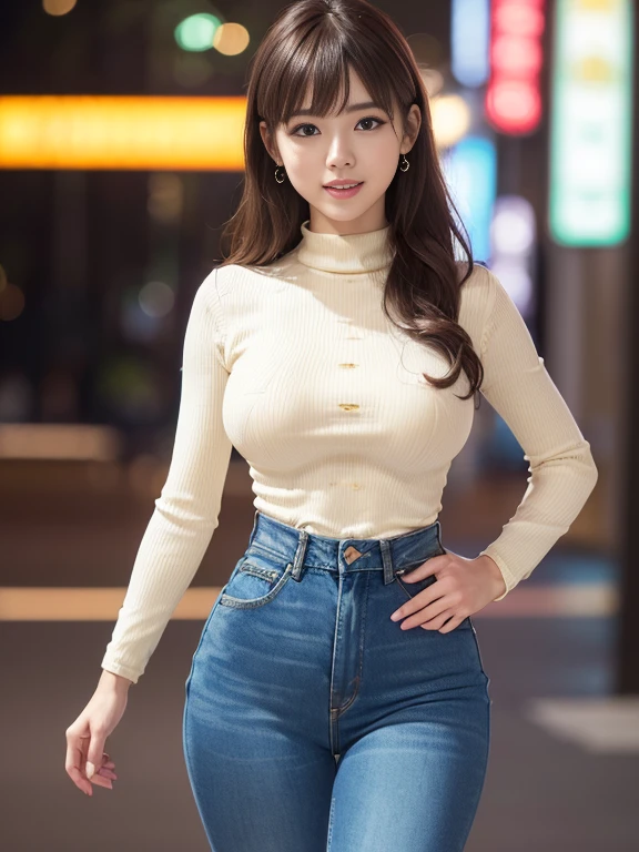 (Best Quality, 8K, 32K, masutepiece, nffsw:1.2), (Realistic:1.5), (masutepiece, Extremely detailed CG unity 8K wallpaper, Best Quality, hight resolution:1.2), (ultra-detailliert, nffsw:1.2), Photo of extremely cute and beautiful Japanese Woman, (chestnut half-up hair:1.2), , (Detailed beautiful girl:1.4), Best Quality, Woman, , (Cream Turtle Tight Knit Shirt:1.3), (Skinny Denim:1.3), (Beautiful night view background:1.2), , embarrassed laughing:1, Looking at Viewer, Facing the viewer, ((完璧Womanのボディ)), (Narrow waist:1.2), (Cowboy Shot), slender, Abs, (large full breasts:1.25),