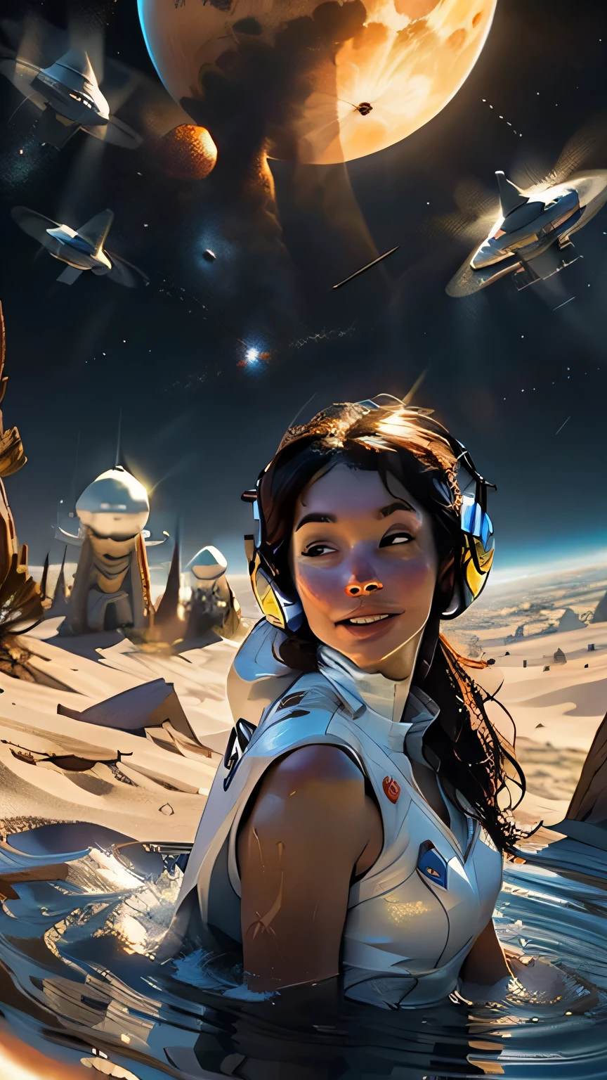 Astronaut style white and gold trim bikini (breast) and clear helmet, with a group of soldiers behind her, beautiful sci-fi art, beautiful smile, waiting for a kiss, turning and looking at the camera, space warrior, sunrise over solar punk city, stoner rock, mars invasion, epic album art cover, sexy movie photo, cinemascope panorama, high stylized and 1940’s poster, cosmic style, 8k cinematic, golden ratio, cosmic mayhem, light particles, wet look, golden hour, realistic, masterpiece, highest quality, lens flare, shade, bloom, [[chromatic aberration]]