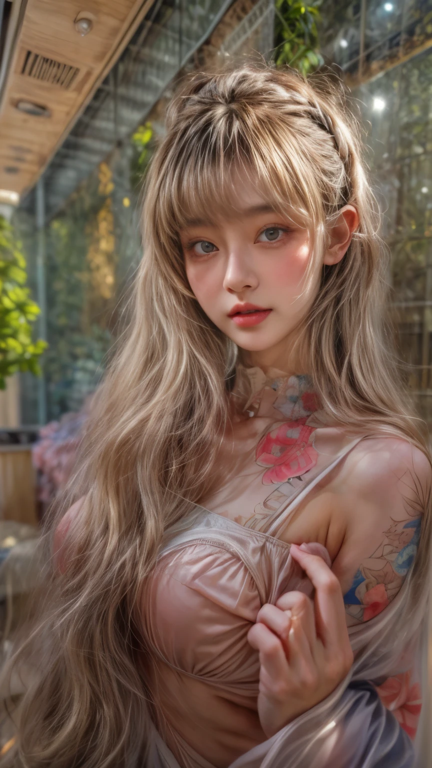 ​masterpiece、8K、32K、top-quality、(A detailed eye)、(A cute Japanese woman、bangss:1.3)、23years old、1 girl in、elegent、(undergarment)、a plant、Voluptuous