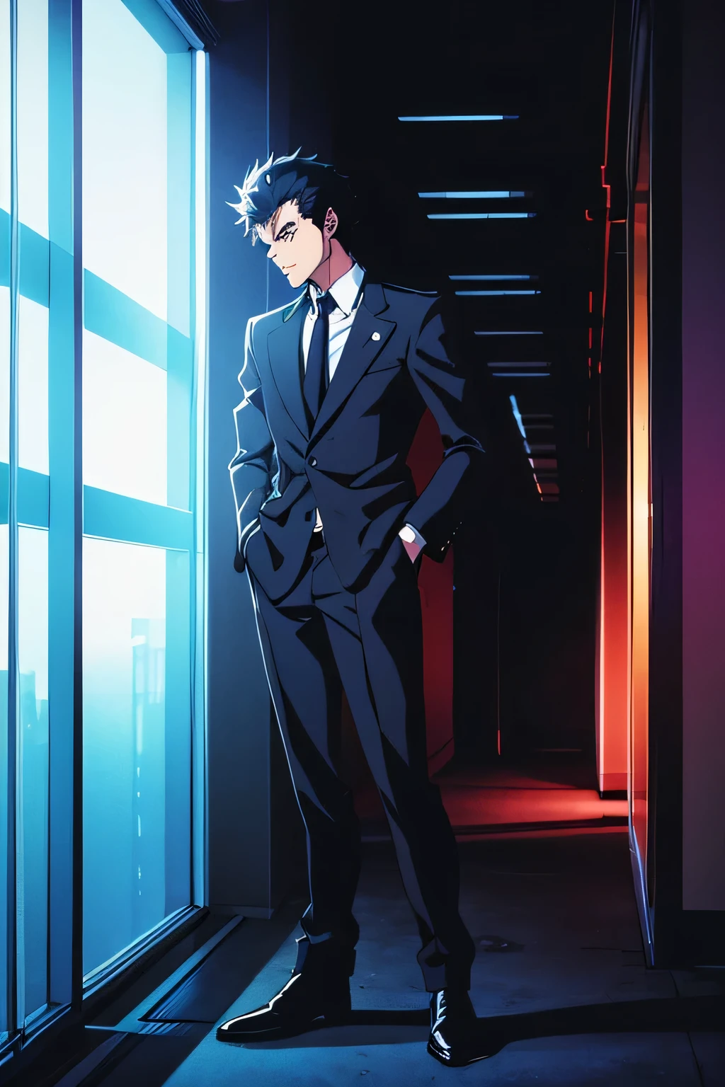 anime guy in black suit standing in front of a building, style of kilian eng, neo noir style, full body close-up shot, dark suit, beaten tech. neo noir style, tall anime guy with blue eyes, he is wearing a black, neo - noir style, spike spiegel, man in black, the sandman from graphic novel, full body;