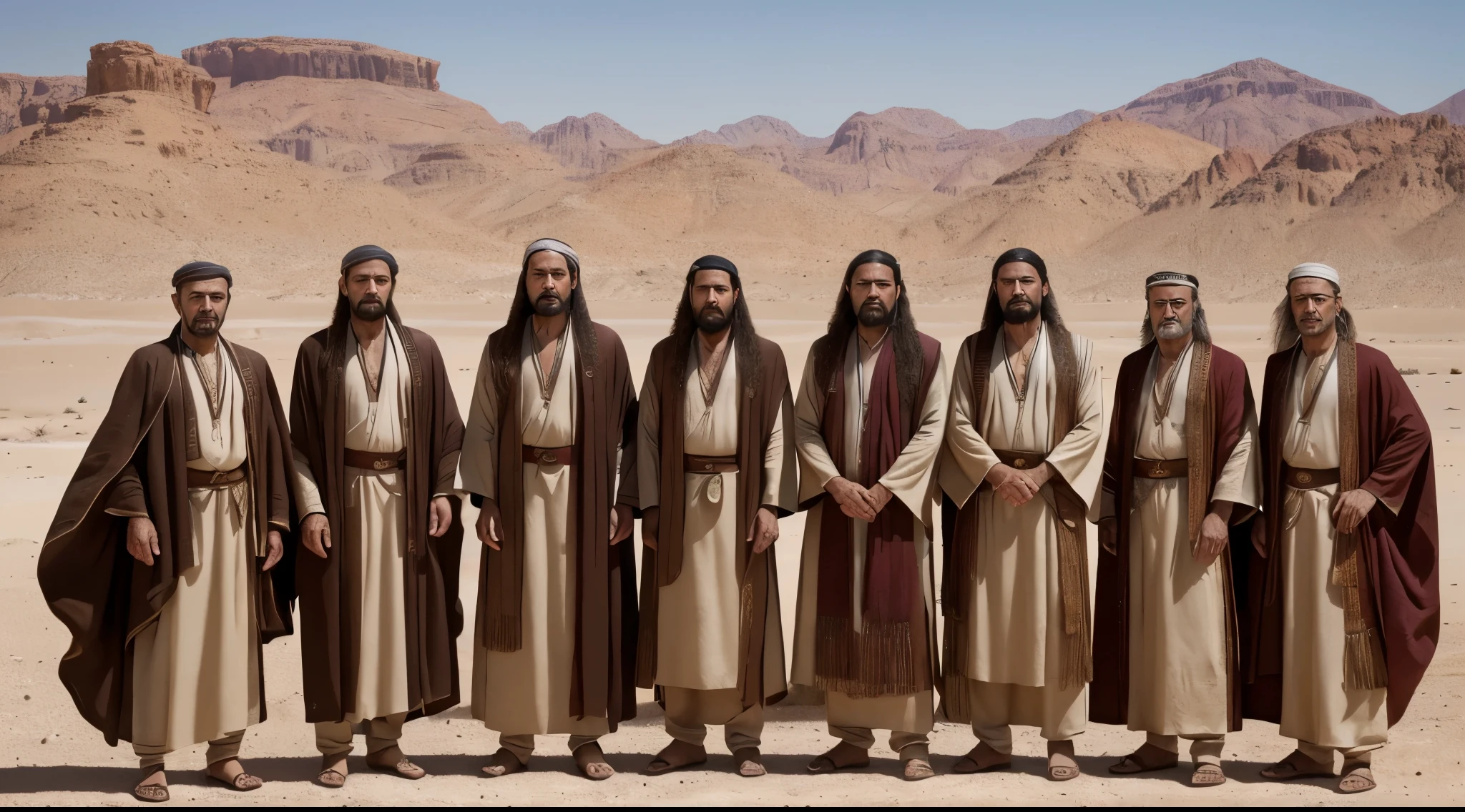 portrait of twelve palestinians use traditional desert clothes, long hair, desert, ((best quality)), ((masterpiece)), (detailed), perfect face, (best quality:1.4), (ultra highres:1.2), (photorealistic:1.4), (8k, RAW photo:1.2),(portrait shot:1.3), realistic, ultra detailed, 8k, 16k, UHD, bokeh, depth of field