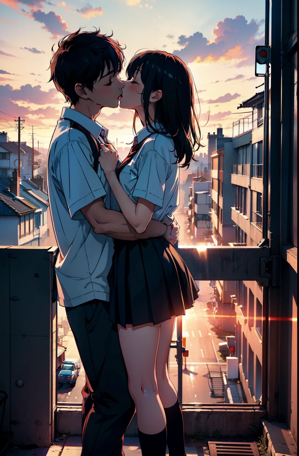 a couple, hetero, 1boy, 1girl in, cuddling, kiss, School_Uniforms, Backlight, Sunset, School_terraces,kiss, french kiss, tongue kiss, Eyes closed, blush, Leaning on the wall