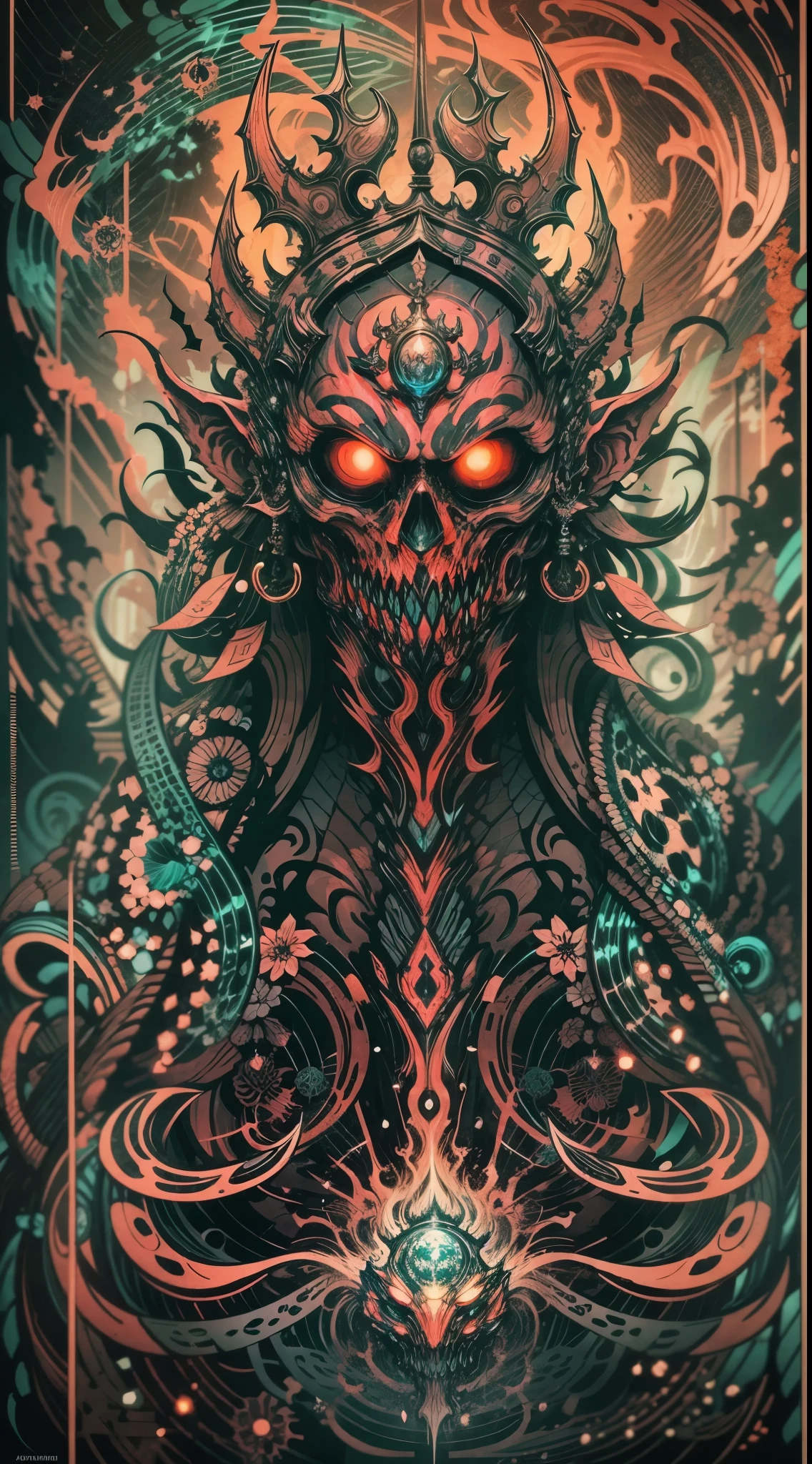 Explosive, otherworldly painting of a shape-shifting deity adorned with the Hp.lovecraft motifs and omnipresent, piercing eyes, a breathtaking amalgamation of fine art and captivating photo collage, mesmerizing poster design:: their appearance exuded the enigmatic allure of elder god minimalism fused with cosmic chaos:: --ar 9:16 --s 963 --c 9 --q 2 --v 5