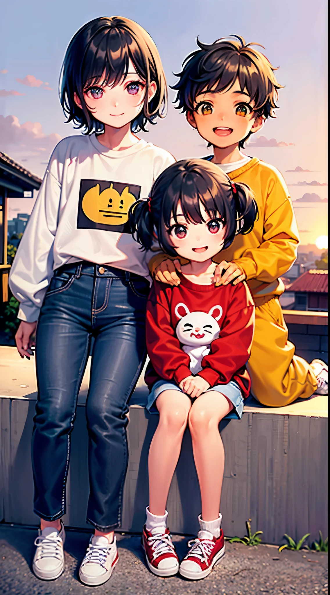 Two happy boys and a littlesat on the roof, taking full body photos and laughing happily. The boy wore a yellow short Sweatshirt, red sneakers, and the girl wore a white sweatshirt, jeans, white sneakers, black hair, a house, flowers, Hayao Miyazaki and other small animals. A happy little boy wround face, big eyes, long eyelashes, sunset and sunset,